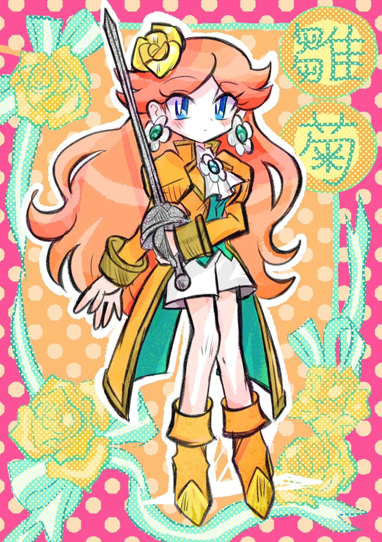rakugaki shitagari-ya, princess daisy, princess peach, swordfighter peach, mario (series), nintendo, princess peach: showtime!, highres, 1girl, ascot, blue eyes, blush, brown hair, coat, cosplay, earrings, floral background, flower, flower earrings, hair flower, hair ornament, holding, holding sword, holding weapon, jewelry, long hair, orange coat, orange shoes, princess peach (cosplay), shoes, sword, weapon
