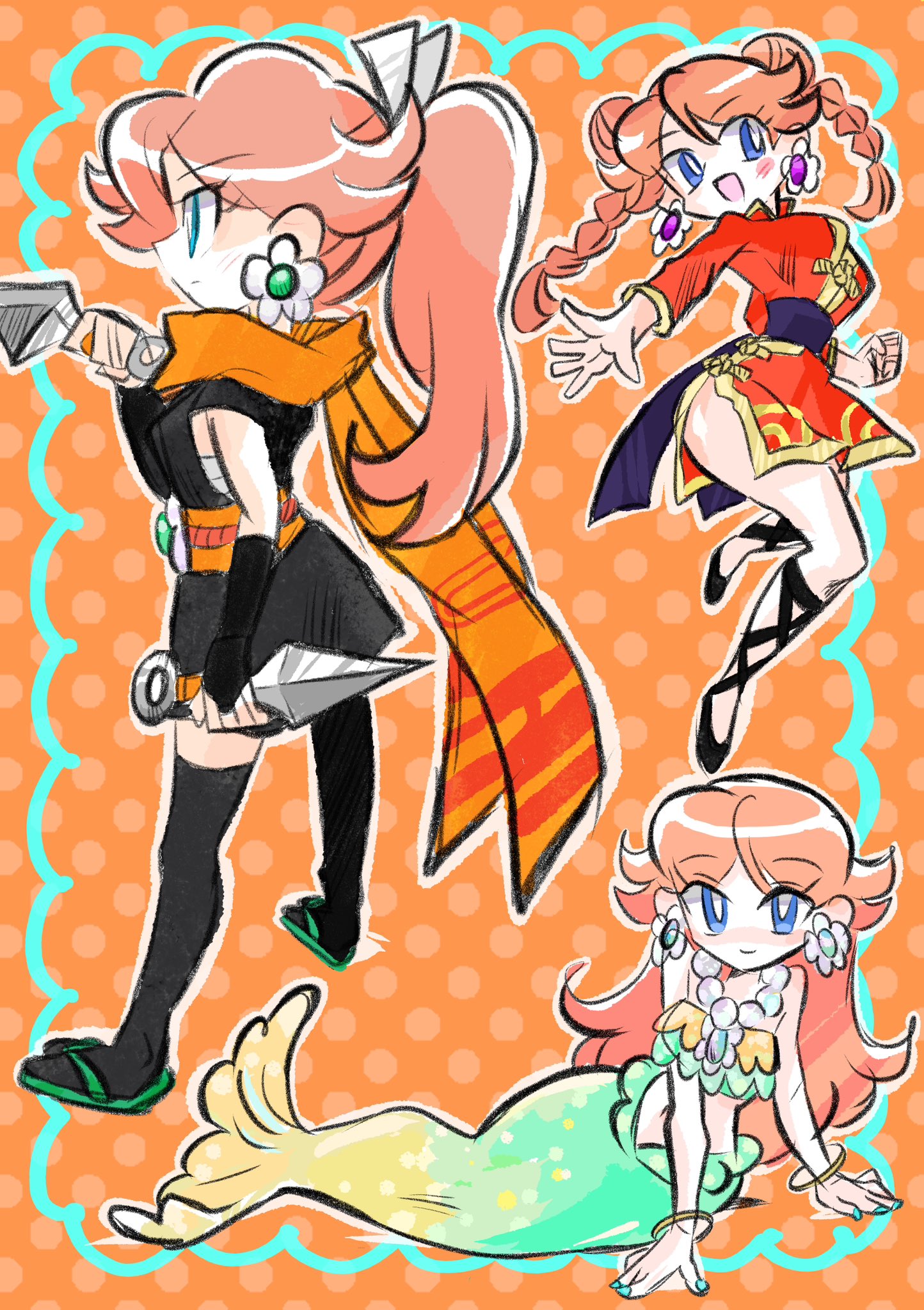 rakugaki shitagari-ya, kung fu peach, mermaid peach, ninja peach, princess daisy, princess peach, mario (series), nintendo, princess peach: showtime!, highres, 1girl, blue eyes, braid, brown hair, chinese clothes, cosplay, double bun, dress, earrings, flower earrings, hair bun, jewelry, long hair, mermaid, monster girl, open mouth, orange background, orange scarf, ponytail, princess peach (cosplay), red dress, scarf, smile, twin braids