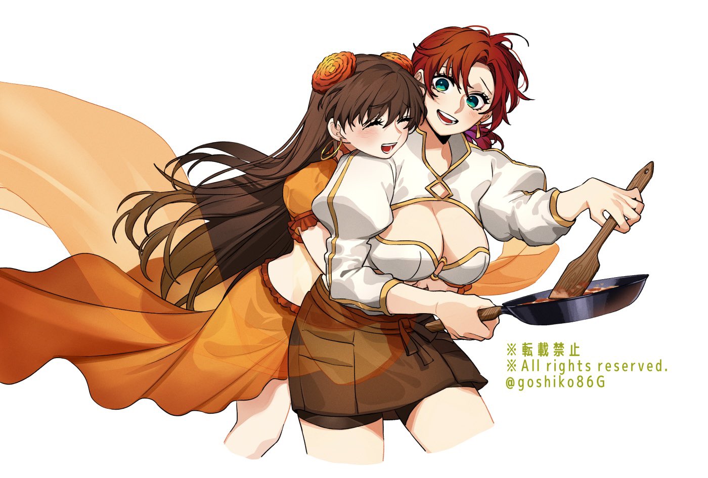goshiko86g, boudica (fate), mata hari (fate), fate/grand order, fate (series), 2girls, apron, artist name, bra, breasts, brown apron, brown hair, closed eyes, collared shrug, cooking, copyright notice, cowboy shot, earrings, english text, facing to the side, flower, frying pan, grin, hair flower, hair ornament, high collar, holding, holding frying pan, hoop earrings, jewelry, large breasts, long hair, long sleeves, looking at another, medium hair, multiple girls, o-ring, o-ring top, red hair, see-through clothes, see-through skirt, short apron, short sleeves, shrug (clothing), skirt, smile, stirring, stomach, striped clothes, teeth, underwear, waist apron, white bra, white shrug