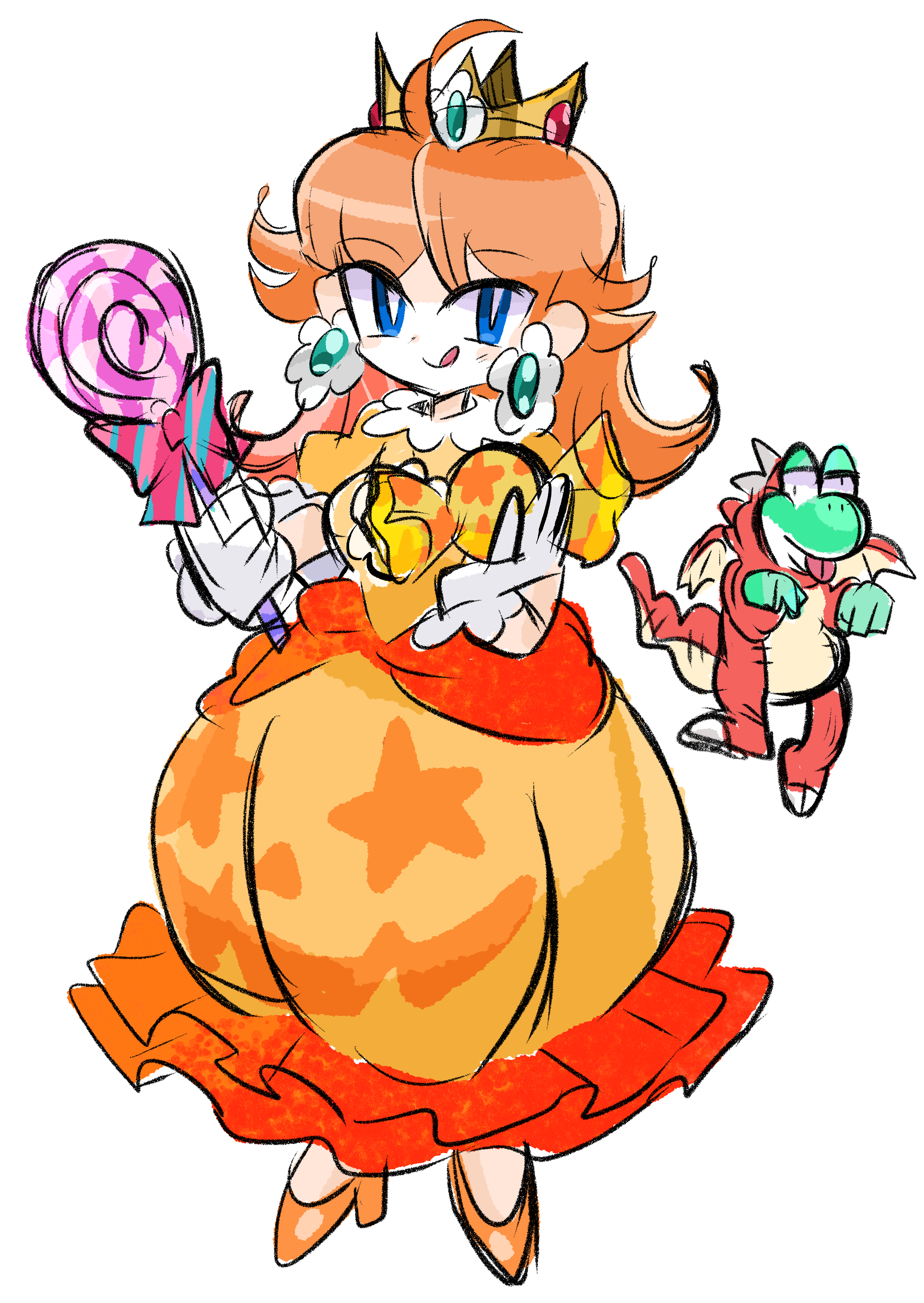 rakugaki shitagari-ya, princess daisy, princess daisy (halloween), yoshi, mario (series), nintendo, absurdres, highres, 1girl, blue eyes, brown hair, candy, colored skin, dress, earrings, flower earrings, food, gloves, green skin, halloween, halloween costume, holding, holding candy, holding food, holding lollipop, jewelry, lollipop, long hair, looking at viewer, orange dress, orange shoes, shoes, simple background, smile, white background, white gloves
