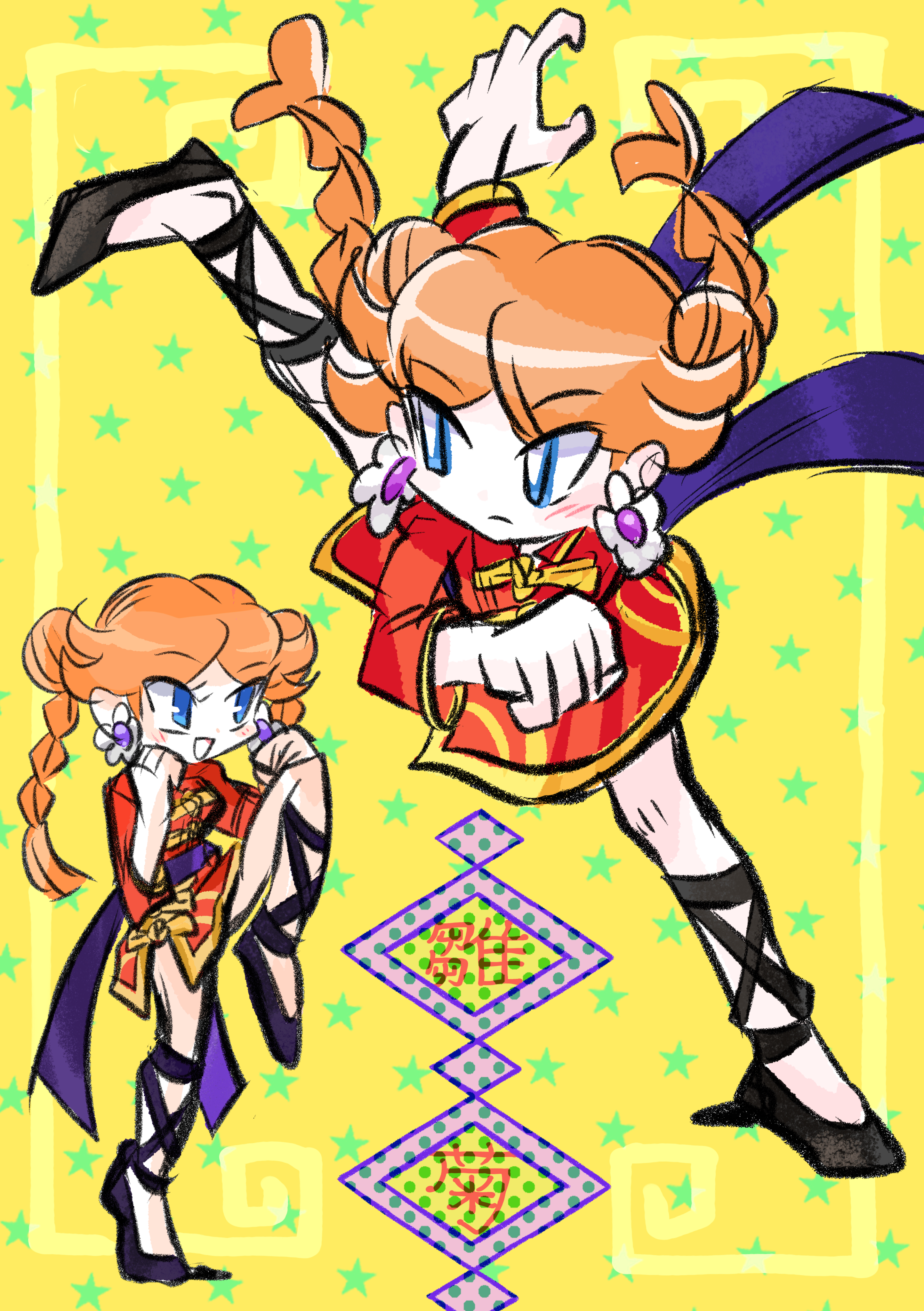 rakugaki shitagari-ya, kung fu peach, princess daisy, princess peach, mario (series), nintendo, princess peach: showtime!, absurdres, highres, 1girl, blue eyes, braid, braided twintails, brown hair, chinese clothes, cosplay, double bun, earrings, flower earrings, hair bun, jewelry, kicking, long hair, princess peach (cosplay), star (symbol), star symbol background, yellow background