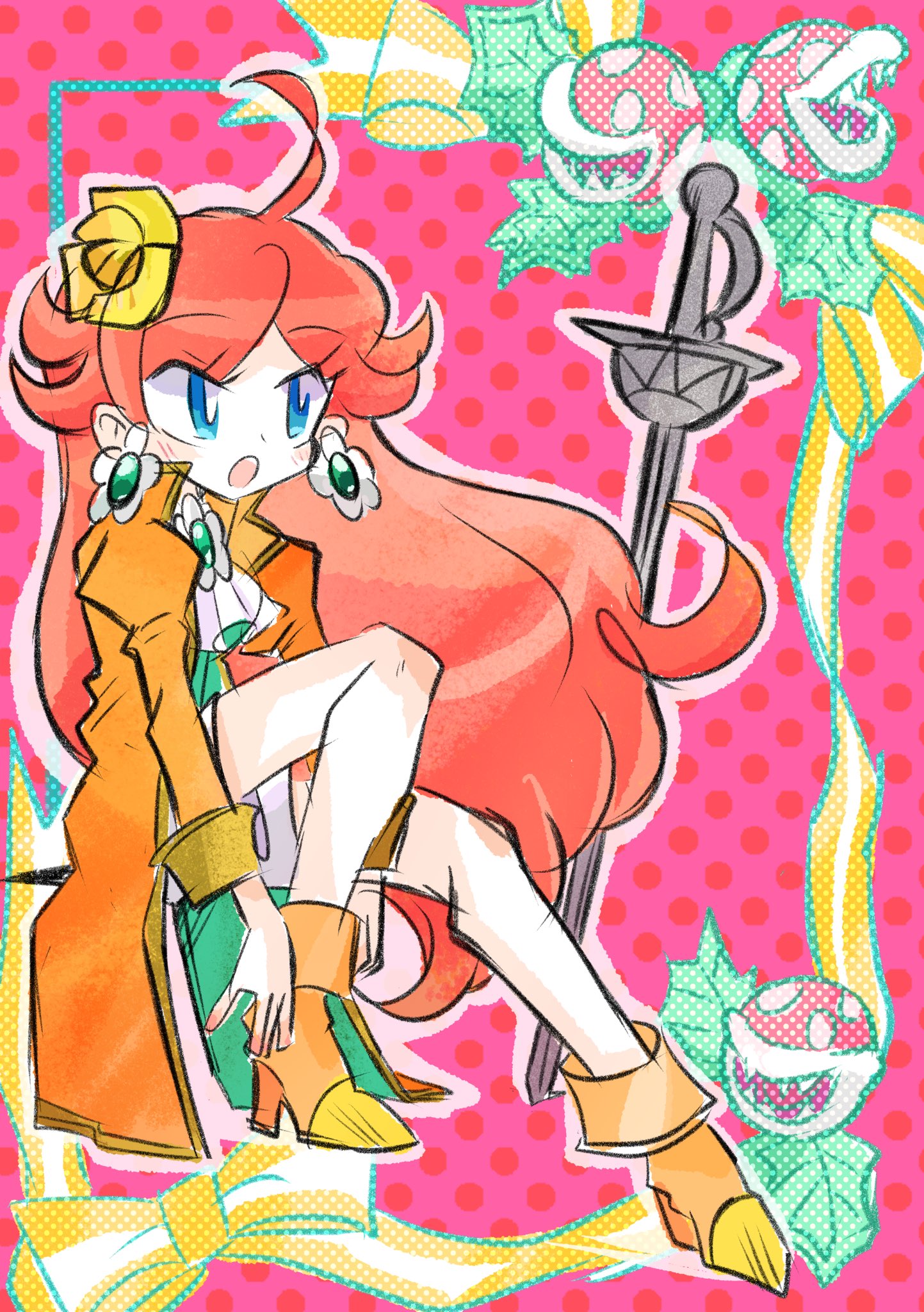 rakugaki shitagari-ya, piranha plant, princess daisy, princess peach, swordfighter peach, mario (series), nintendo, princess peach: showtime!, highres, 1girl, ascot, brown hair, coat, cosplay, earrings, flower earrings, jewelry, long hair, orange coat, orange shoes, pink background, princess peach (cosplay), shoes, sword, weapon