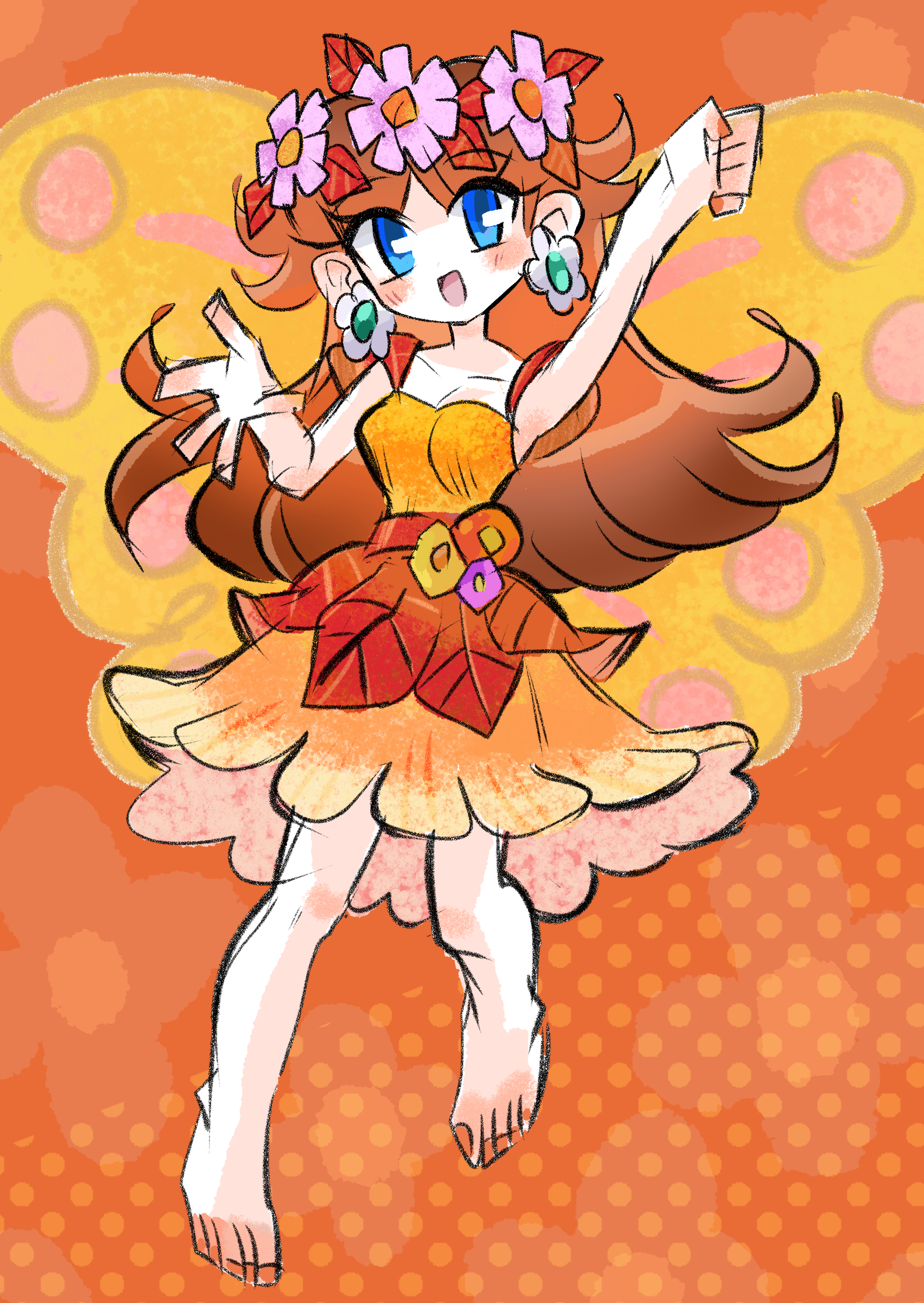 rakugaki shitagari-ya, princess daisy, princess daisy (fairy), mario (series), mario kart, mario kart tour, nintendo, absurdres, highres, 1girl, barefoot, blue eyes, brown hair, dress, earrings, fairy, fairy wings, flower, flower earrings, hair flower, hair ornament, jewelry, long hair, open mouth, orange background, orange dress, smile, wings