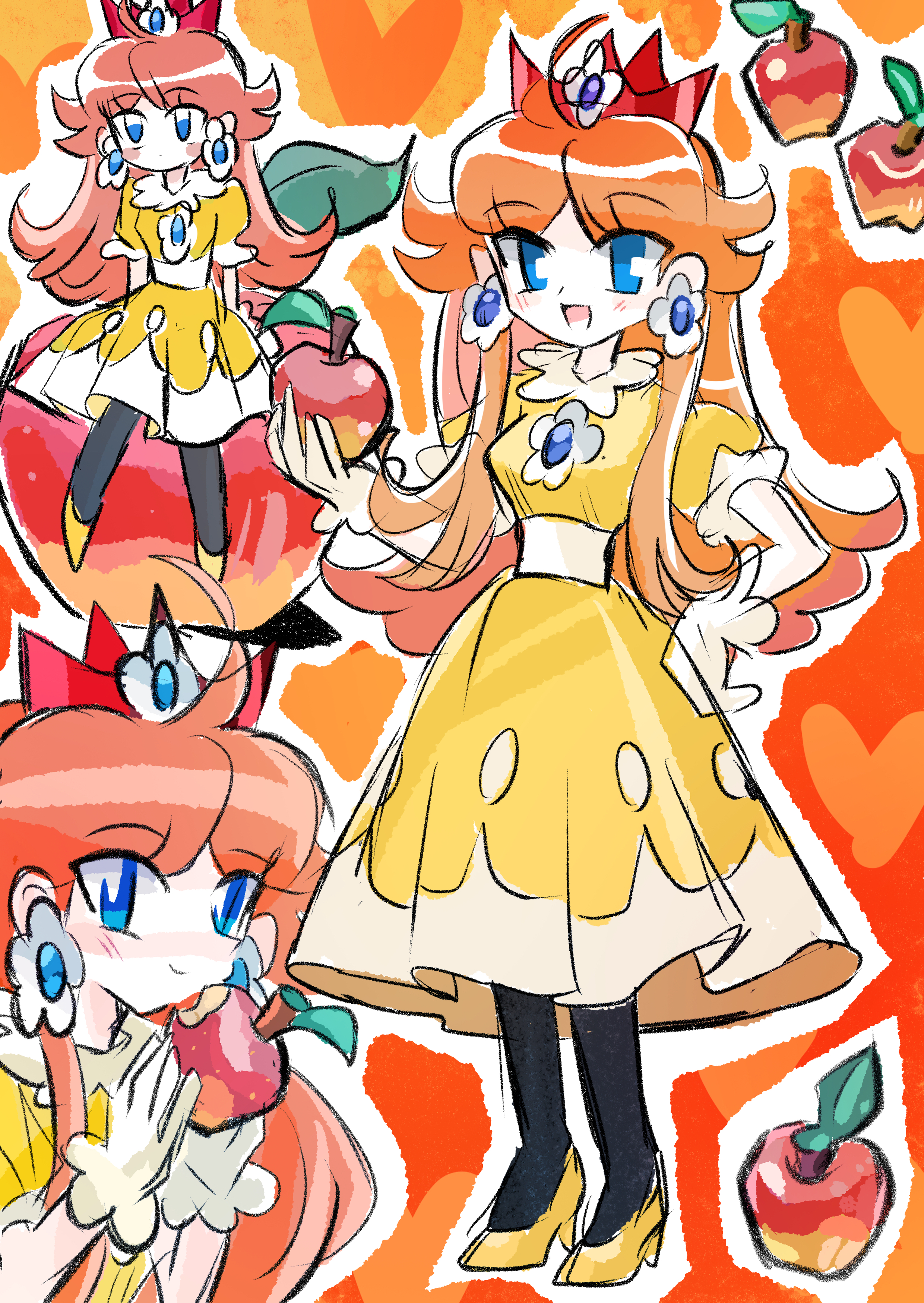 rakugaki shitagari-ya, princess daisy, mario (series), nintendo, absurdres, highres, 1girl, apple, black pantyhose, blue eyes, brown hair, crown, dress, earrings, flower earrings, food, fruit, gloves, holding, holding food, holding fruit, jewelry, long hair, multiple views, open mouth, orange background, pantyhose, smile, white gloves, yellow dress