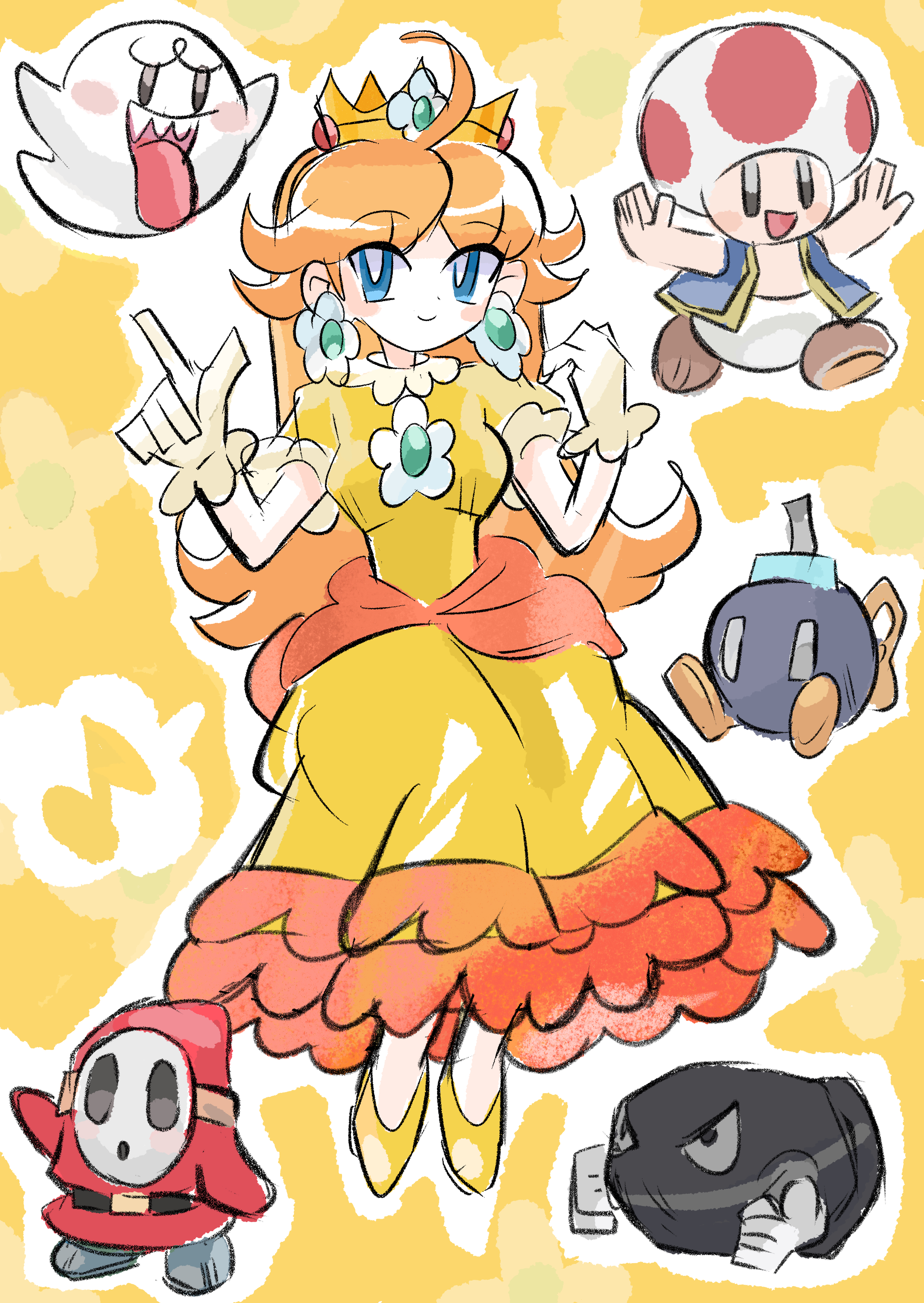 rakugaki shitagari-ya, bob-omb, boo (mario), bullet bill, princess daisy, red toad (mario), shy guy, toad (mario), mario (series), nintendo, absurdres, highres, 1girl, brown hair, crown, dress, earrings, flower earrings, ghost, gloves, jewelry, long hair, orange background, orange dress, smile, tongue, tongue out, white gloves