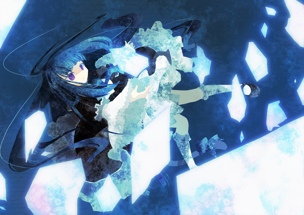 hanui, frederica bernkastel, umineko no naku koro ni, bad id, bad pixiv id, 00s, blue eyes, blue hair, blunt bangs, cat tail, crystal, dress, frills, hime cut, long hair, mary janes, purple eyes, ribbon, shoes, socks, solo, tail