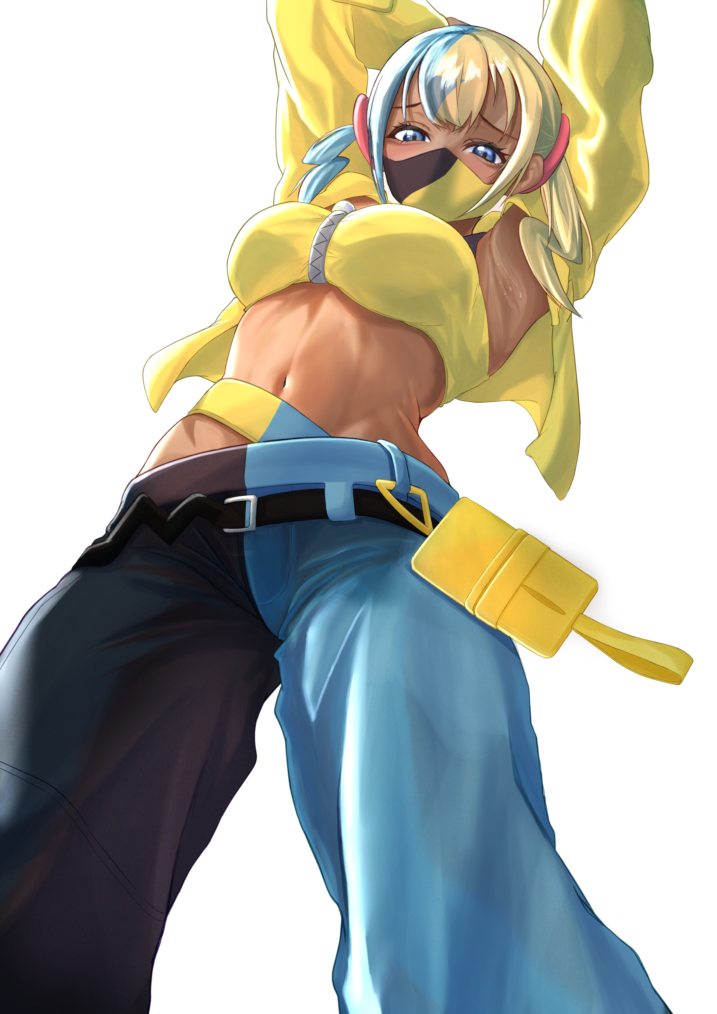canari (pokemon), nintendo, pokemon, pokemon legends: z-a, absurdres, highres, 1girl, arms up, bandeau, blonde hair, blue eyes, blue hair, jacket, looking at viewer, mask, mega stone, mouth mask, multicolored hair, navel, short twintails, split-color clothes, split-color hair, tkm-kagepuro, twintails, yellow bandeau, yellow jacket
