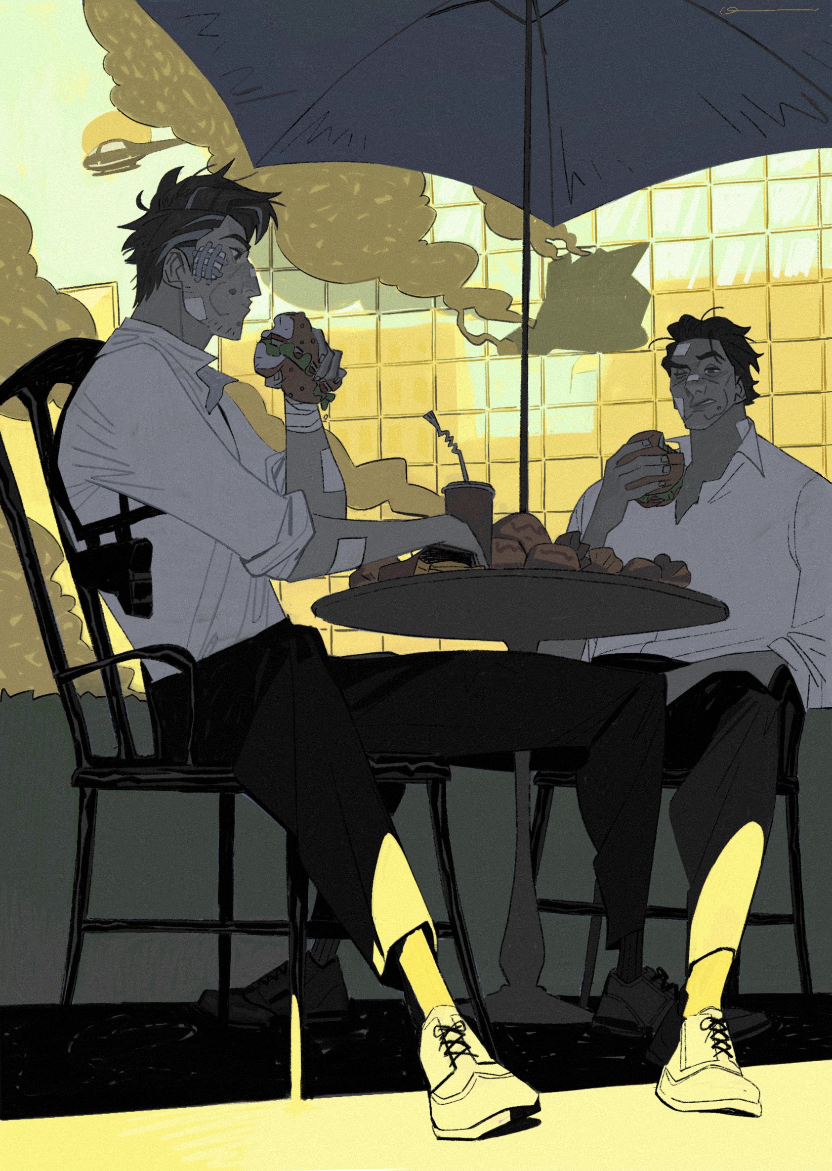 dingnin98201637, miguel o'hara, peter b parker, marvel, spider-man: across the spider-verse, spider-man (series), spider-verse, commentary request, highres, mixed-language commentary, 2boys, aircraft, alternate universe, bandages, black hair, broken glass, brown hair, building, burger, chair, chewing, collared shirt, cup, disposable cup, drinking straw, eating, facial hair, feet out of frame, food, gauze, gauze on cheek, glass, grey hair, gun, hair slicked back, helicopter, holding, holding burger, holding food, holster, injury, male focus, multicolored hair, multiple boys, one eye closed, open collar, pants, shirt, sitting, smoke, streaked hair, umbrella, weapon, white shirt