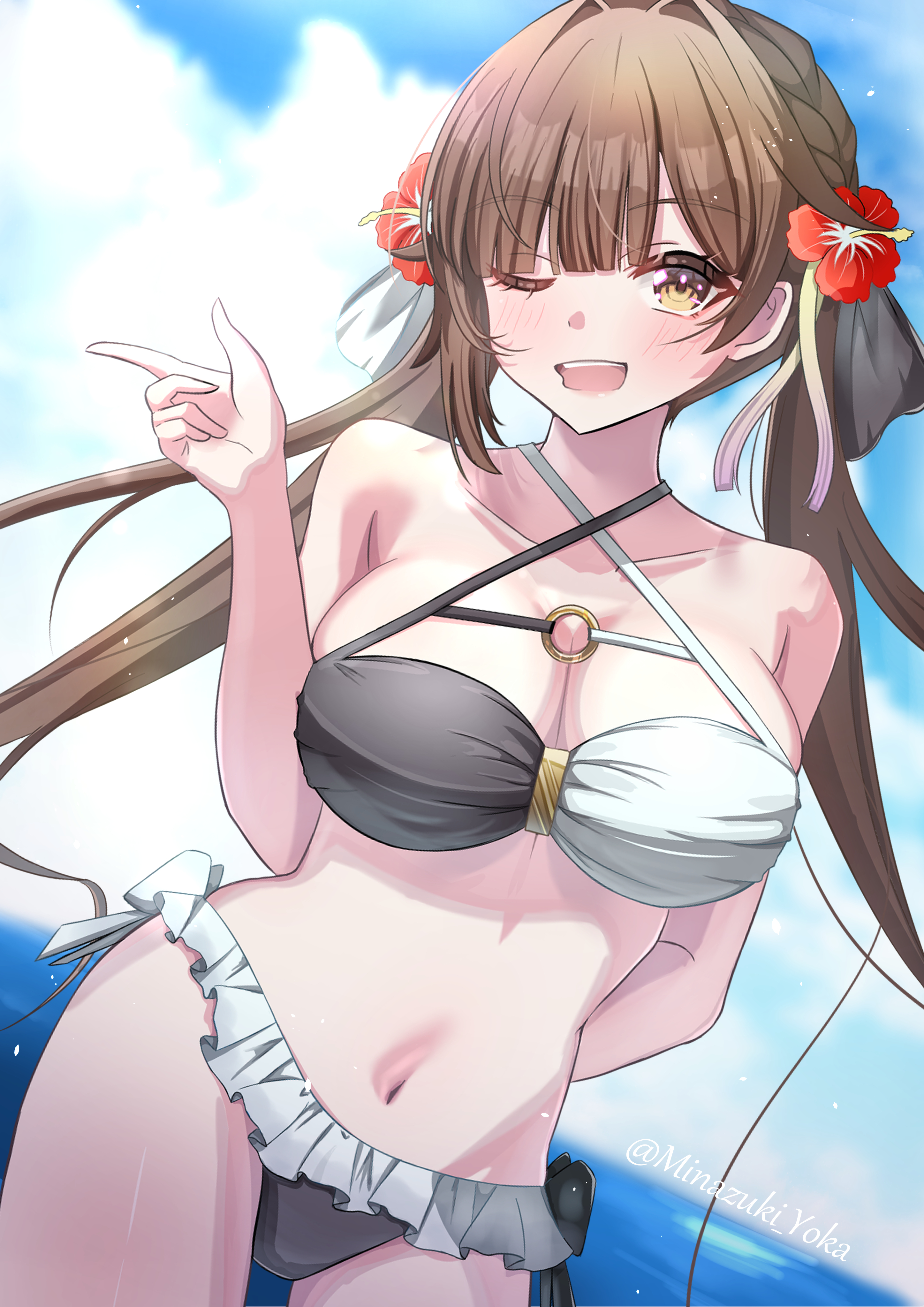 gundam68, sushang (honkai: star rail), honkai: star rail, honkai (series), absurdres, commentary request, commission, highres, skeb commission, alternate costume, arm behind back, bare shoulders, bikini, blue sky, blush, breasts, brown hair, cleavage, cloud, cloudy sky, collarbone, cowboy shot, day, flower, frilled bikini, frills, hair flower, hair ornament, hand up, hibiscus, large breasts, long hair, looking at viewer, multicolored bikini, navel, o-ring, o-ring bikini, o-ring top, ocean, one eye closed, open mouth, sky, smile, solo, standing, stomach, swimsuit, teeth, twintails, twitter username, two-tone bikini, upper teeth only, yellow eyes