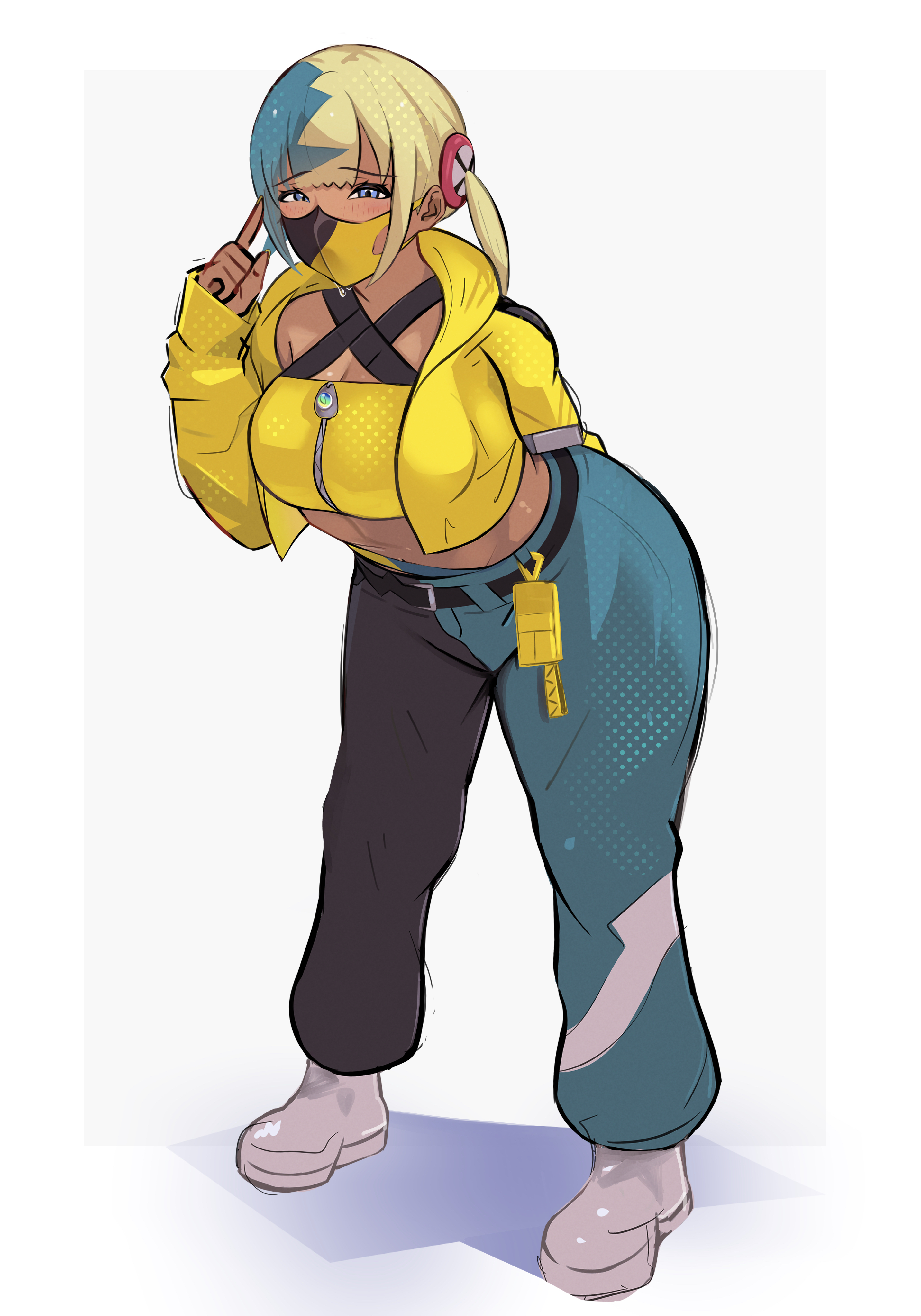 shee-p (inemurisheep113), canari (pokemon), nintendo, pokemon, pokemon legends: z-a, absurdres, highres, 1girl, bandeau, blonde hair, blue eyes, blue hair, breasts, jacket, large breasts, looking at viewer, mask, mega stone, mouth mask, multicolored hair, navel, short twintails, split-color clothes, split-color hair, twintails, yellow bandeau, yellow jacket