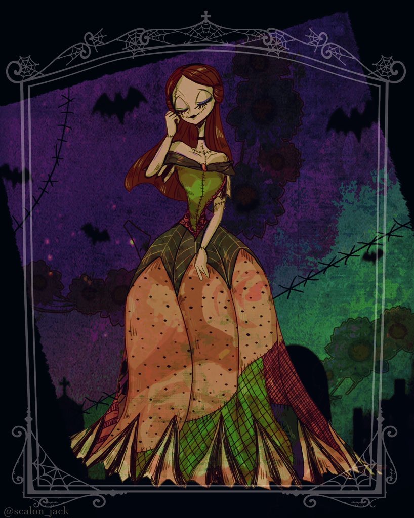 sally (nbc), the nightmare before christmas, tagme, 1girl, colored skin, darkjack618, dress, full body, long hair, patchwork clothes, patchwork skin, pinstripe pattern, red hair, smile, stitched arm, stitched face, stitches, striped clothes, toon (style)