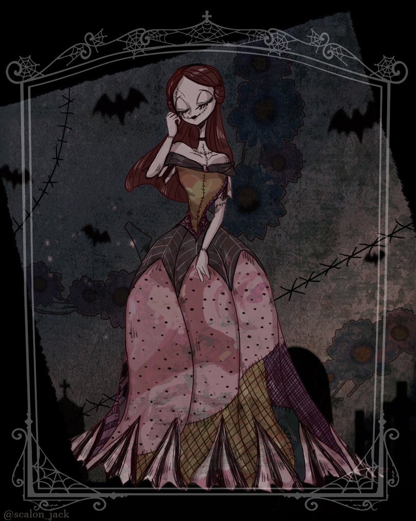 sally (nbc), the nightmare before christmas, tagme, 1girl, colored skin, darkjack618, dress, full body, long hair, patchwork clothes, patchwork skin, pinstripe pattern, red hair, smile, stitched arm, stitched face, stitches, striped clothes, toon (style)
