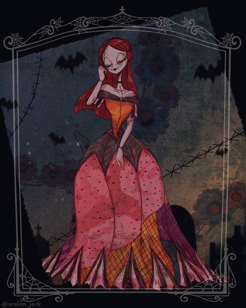 sally (nbc), the nightmare before christmas, tagme, 1girl, colored skin, darkjack618, dress, full body, long hair, patchwork clothes, patchwork skin, pinstripe pattern, red hair, smile, stitched arm, stitched face, stitches, striped clothes, toon (style)