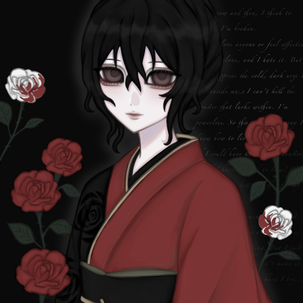slow damage, artist request, non-web source, source request, 1girl, black background, black hair, blood, blood on flower, english text, floral print, flower, japanese clothes, kimono, looking at viewer, makeup, maya (slow damage), red flower, red lips, red rose, rose, rose print, solo, upper body, white flower, white rose