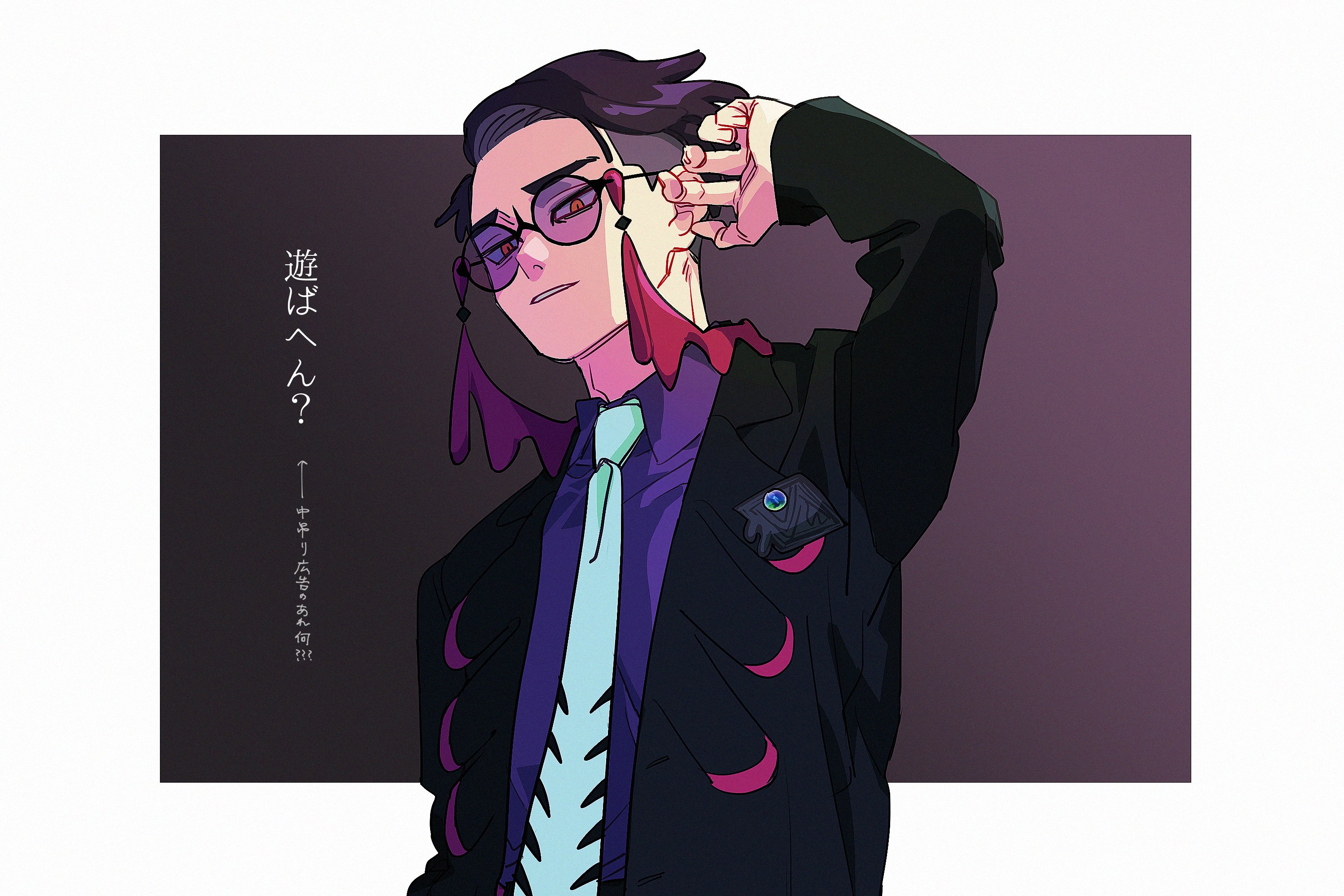 samio (themioooooo), corbeau (pokemon), nintendo, pokemon, pokemon legends: z-a, commentary request, highres, translation request, 1boy, arm up, black-framed eyewear, black coat, coat, collared shirt, fingernails, glasses, lapels, long sleeves, male focus, necktie, open clothes, open coat, orange eyes, parted hair, parted lips, purple-tinted eyewear, purple hair, purple shirt, round eyewear, shirt, short hair, short sideburns, solo, tassel, tinted eyewear, white necktie, wing collar