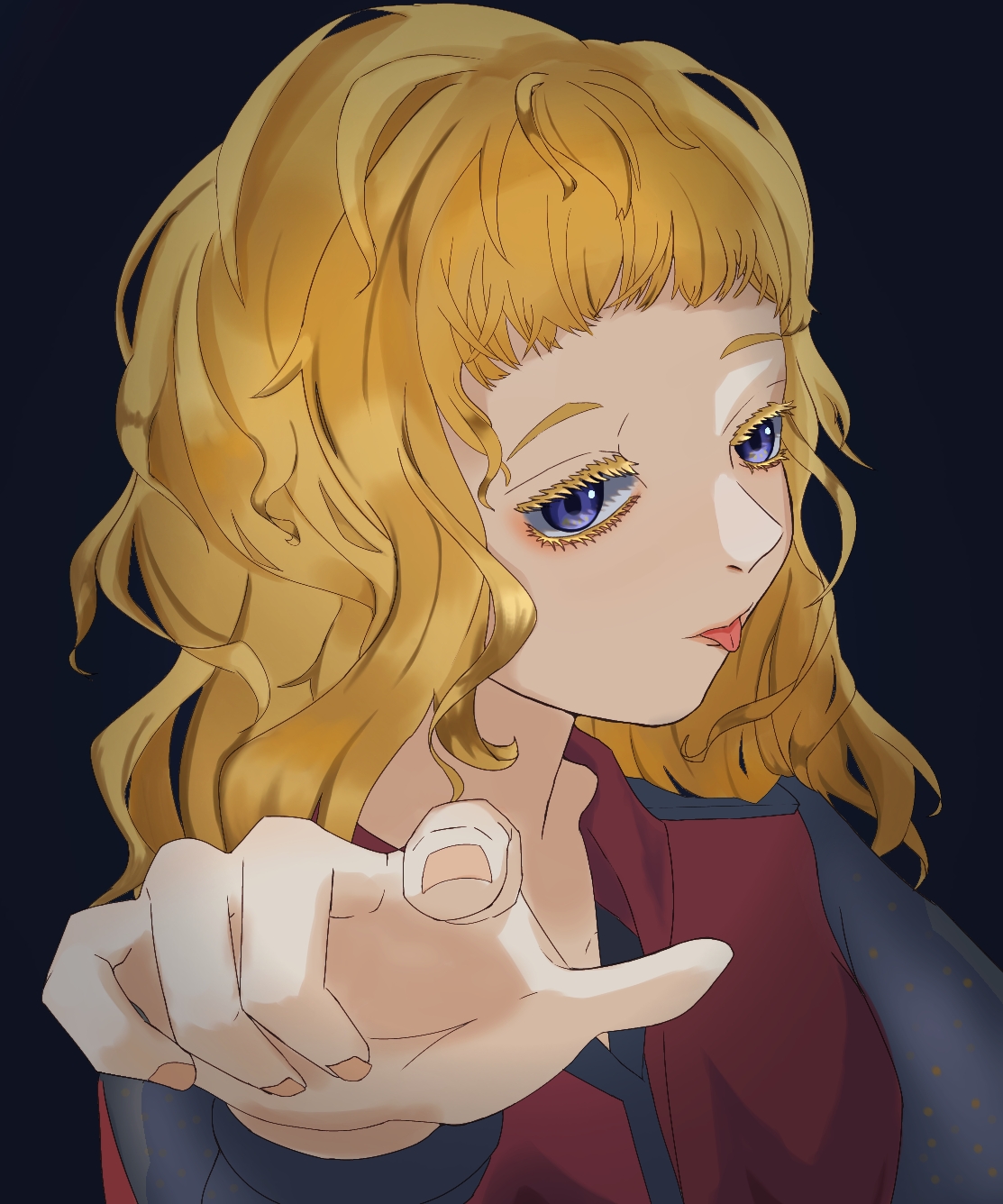 kukrushka (gnosia), gnosia, highres, tagme, 1girl, brown hair, dress, eyelashes, grey eyes, hair between eyes, konpeto5, long hair, long sleeves, looking at viewer, simple background, smile, solo, tongue, tongue out, wavy hair