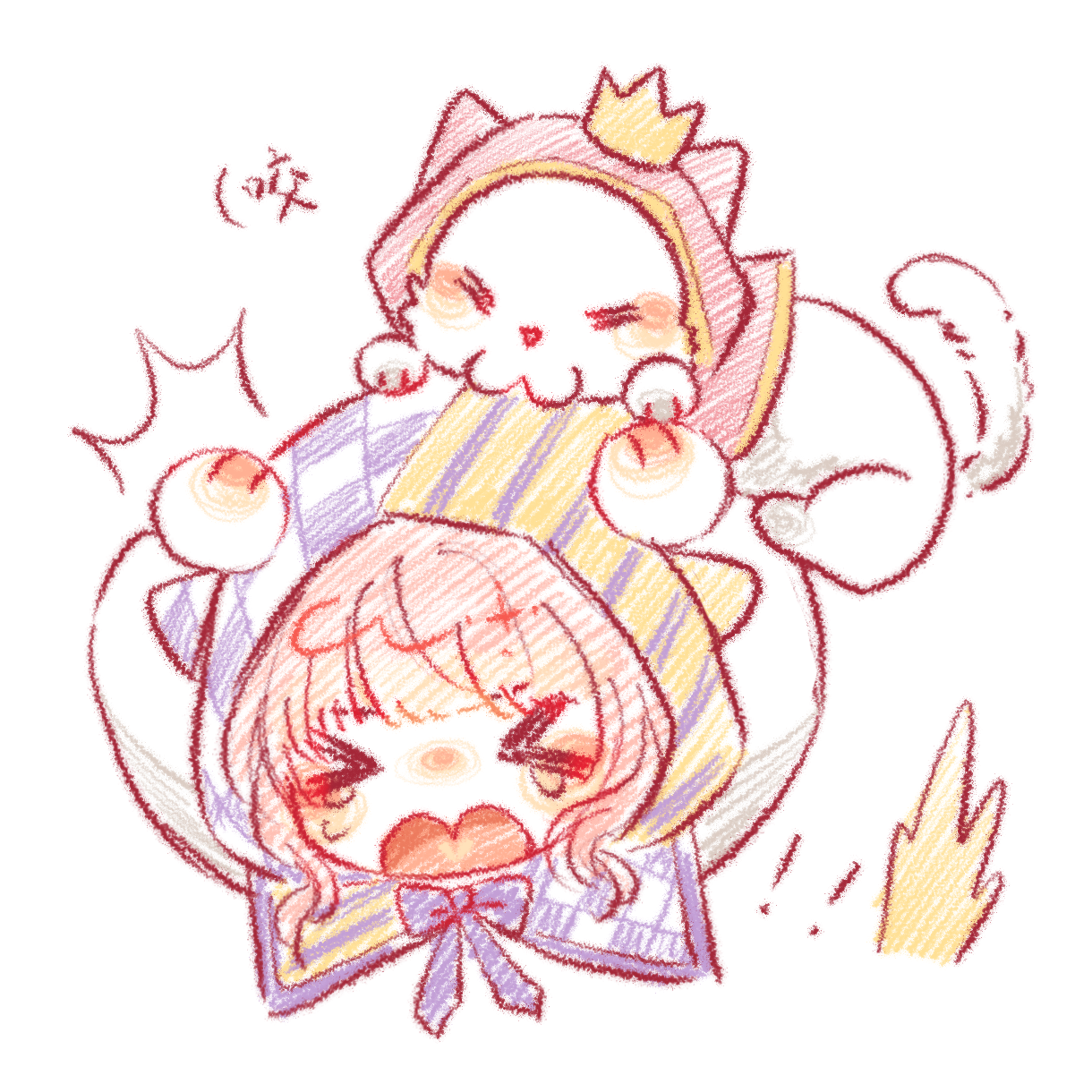 momo (nikki), nikki (nikki), infinity nikki, nikki (series), chinese commentary, commentary request, highres, large variant set, variant set, !, !!, > <, 1girl, ^^^, animal, animal ears, argyle cloak, argyle clothes, blunt bangs, cat, cat ears, cat girl, cat tail, chibi, cloak, clothed animal, cropped torso, crown, ear covers, hands on own head, hood, hood up, hooded cloak, kemonomimi mode, light blush, long sleeves, mini crown, open mouth, pink cloak, pink hair, purple cloak, shiguangbulao277, shirt, short hair, sidelocks, simple background, striped cloak, striped clothes, tail, tail raised, tearing up, two-tone cloak, wavy hair, white background, white cat, white shirt, yellow cloak, yellow crown