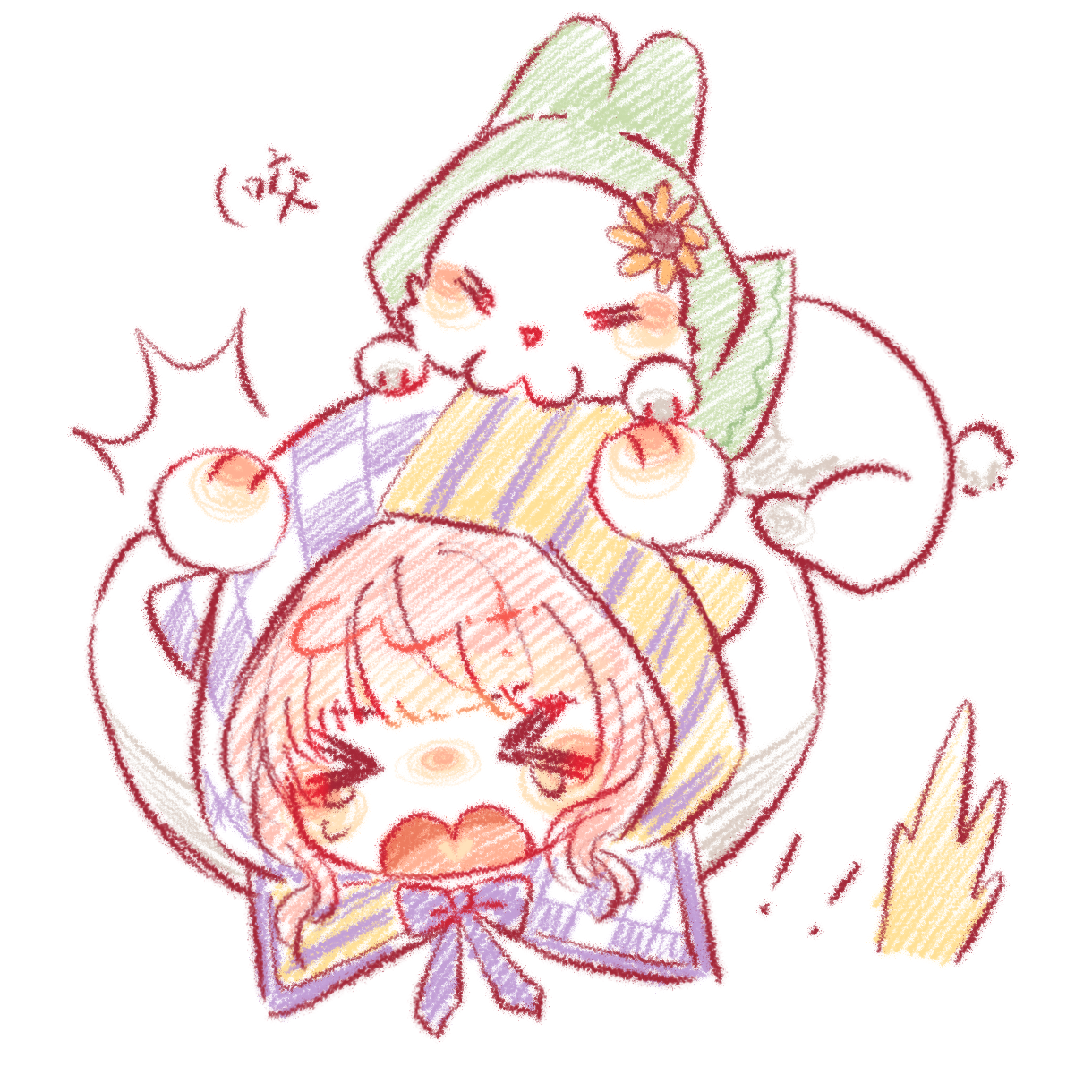 momo (nikki), nikki (nikki), infinity nikki, nikki (series), chinese commentary, commentary request, highres, large variant set, variant set, !, !!, > <, 1girl, ^^^, animal, animal ears, argyle cloak, argyle clothes, blunt bangs, cat ears, cat girl, cat tail, chibi, cloak, clothed animal, cropped torso, ear covers, flower, green cloak, hands on own head, hood, hood up, hooded cloak, kemonomimi mode, light blush, long sleeves, open mouth, pink cloak, pink hair, purple cloak, shiguangbulao277, shirt, short hair, sidelocks, simple background, striped cloak, striped clothes, sunflower, tail, tail raised, tearing up, two-tone cloak, wavy hair, white background, white rabbit (animal), white shirt, yellow cloak, yellow flower