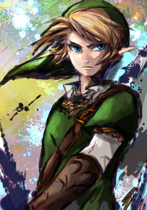 tiiii, link, nintendo, the legend of zelda, bad id, bad pixiv id, 1boy, blonde hair, blue eyes, gloves, hat, male focus, pointy ears, solo