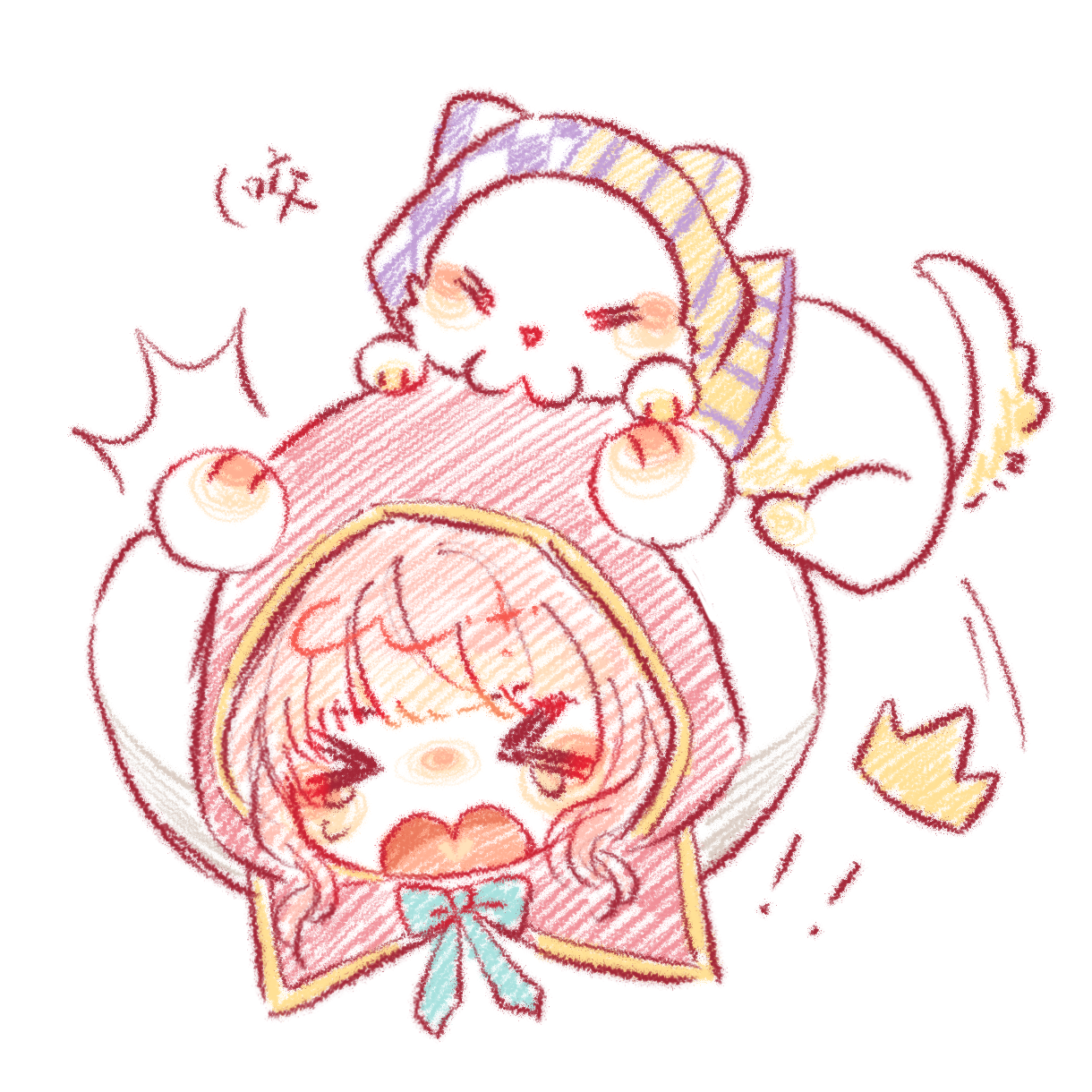 momo (nikki), nikki (nikki), infinity nikki, nikki (series), chinese commentary, commentary request, highres, !, !!, > <, 1girl, ^^^, animal, argyle cloak, argyle clothes, blue bow, blunt bangs, bow, bowtie, cat, chibi, cloak, clothed animal, cropped torso, crown, ear covers, hair ornament, hands on own head, hat loss, hood, hood up, hooded cloak, light blush, long sleeves, mini crown, motion lines, open mouth, pink cloak, pink hair, purple cloak, shiguangbulao277, shirt, short hair, sidelocks, simple background, striped cloak, striped clothes, tearing up, two-tone cloak, wavy hair, white background, white cat, white shirt, yellow cloak, yellow crown