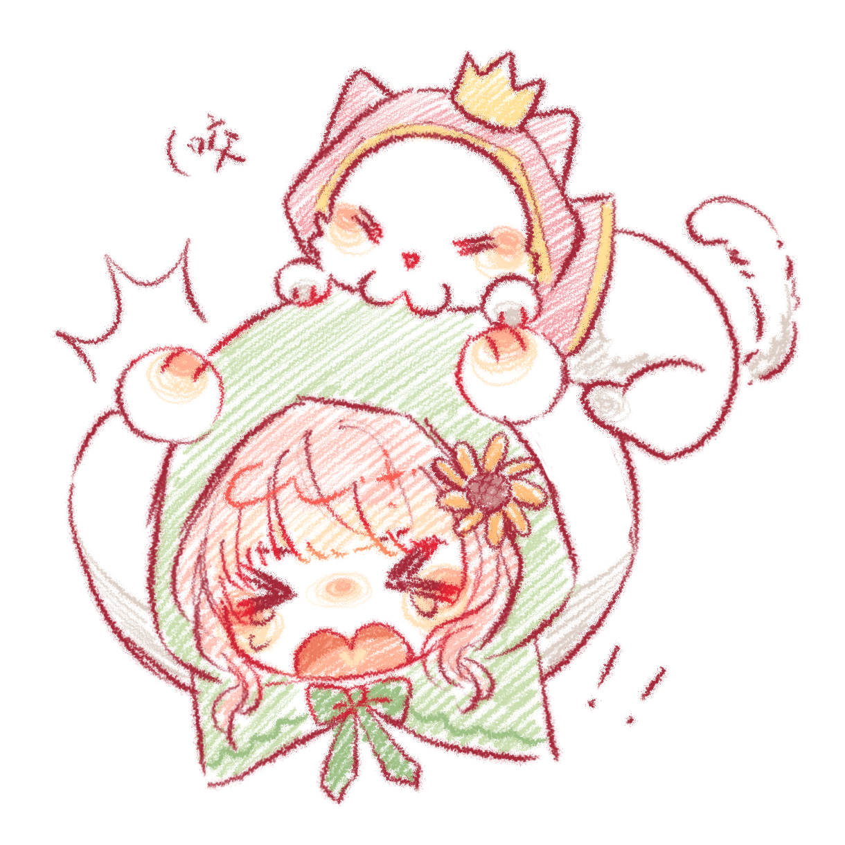 momo (nikki), nikki (nikki), infinity nikki, nikki (series), chinese commentary, commentary request, highres, !, !!, > <, 1girl, ^^^, animal, blunt bangs, bow, bowtie, cat, chibi, cloak, clothed animal, cropped torso, crown, ear covers, flower, green bow, green bowtie, green cloak, hair flower, hair ornament, hands on own head, hood, hood up, hooded cloak, light blush, long sleeves, mini crown, open mouth, pink cloak, pink hair, shiguangbulao277, shirt, short hair, sidelocks, simple background, sunflower, tearing up, wavy hair, white background, white cat, white shirt, yellow crown, yellow flower