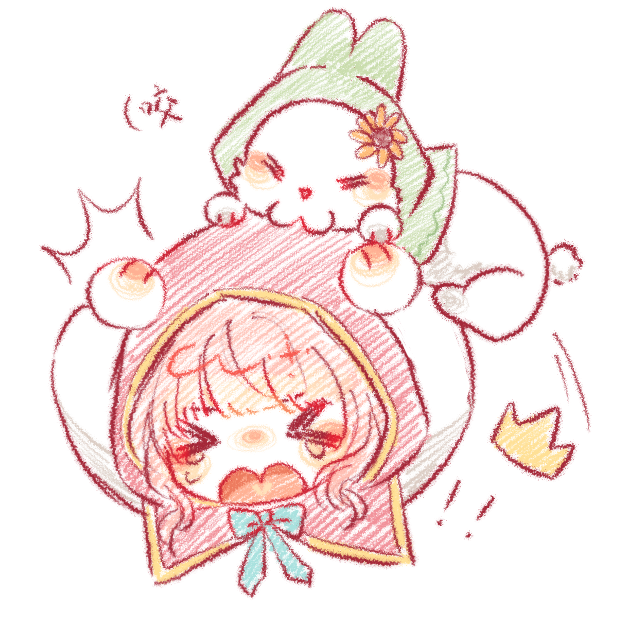 momo (nikki), nikki (nikki), infinity nikki, nikki (series), chinese commentary, commentary request, highres, !, !!, > <, 1girl, ^^^, animal, blue bow, blunt bangs, bow, bowtie, chibi, cloak, clothed animal, cropped torso, crown, ear covers, flower, green cloak, hair ornament, hands on own head, hat loss, hood, hood up, hooded cloak, light blush, long sleeves, mini crown, motion lines, open mouth, pink cloak, pink hair, shiguangbulao277, shirt, short hair, sidelocks, simple background, sunflower, tearing up, wavy hair, white background, white rabbit (animal), white shirt, yellow crown, yellow flower