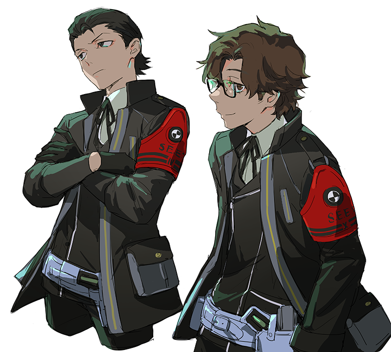 isa (peien516), hiraga keisuke, odagiri hidetoshi, persona, persona 3, persona 3 reload, 2boys, black-framed eyewear, black gloves, black hair, black jacket, black pants, black ribbon, brown eyes, brown hair, closed mouth, collared shirt, cropped legs, crossed arms, gekkoukan high school uniform, glasses, gloves, hair slicked back, hands in pockets, head tilt, holster, jacket, long sleeves, looking at viewer, looking to the side, male focus, multiple boys, neck ribbon, open clothes, open jacket, pants, ribbon, school uniform, semi-rimless eyewear, shirt, short hair, simple background, smile, white background, white shirt, wing collar