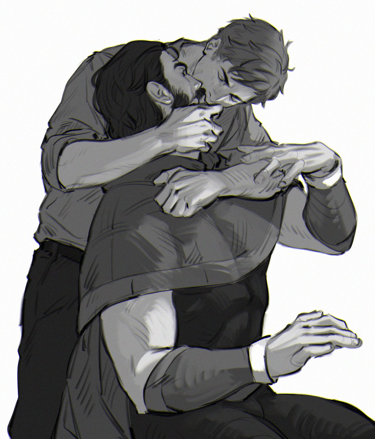 limach-an, robert robertson, dispatch, commentary, highres, symbol-only commentary, 2boys, arm around shoulder, arm hair, arms up, belt, bracer, cape, closed eyes, facial hair, greyscale, kiss, male focus, monochrome, multiple boys, pants, phenomaman, shirt, short hair, simple background, sitting, sleeves rolled up, standing, white background, yaoi