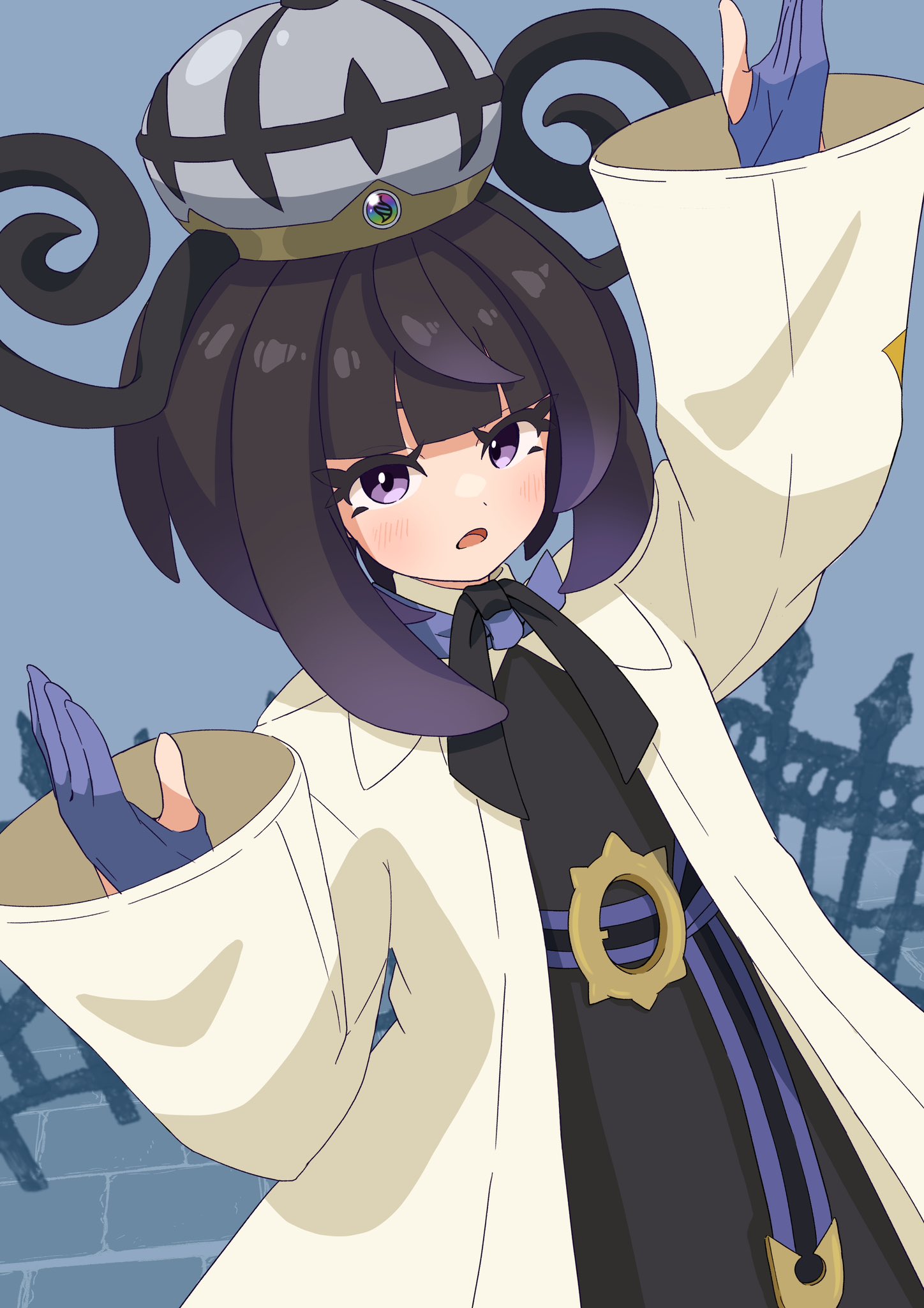 refisa, gwynn (pokemon), nintendo, pokemon, pokemon legends: z-a, highres, 1girl, :o, arm up, belt, belt buckle, black dress, black hair, blunt bangs, bob cut, buckle, coat, dress, eyelashes, gloves, gradient hair, hat, long sleeves, looking at viewer, mega stone, multicolored hair, o-ring, o-ring belt, open clothes, open coat, open mouth, partially fingerless gloves, purple eyes, purple hair, short hair, solo, white coat
