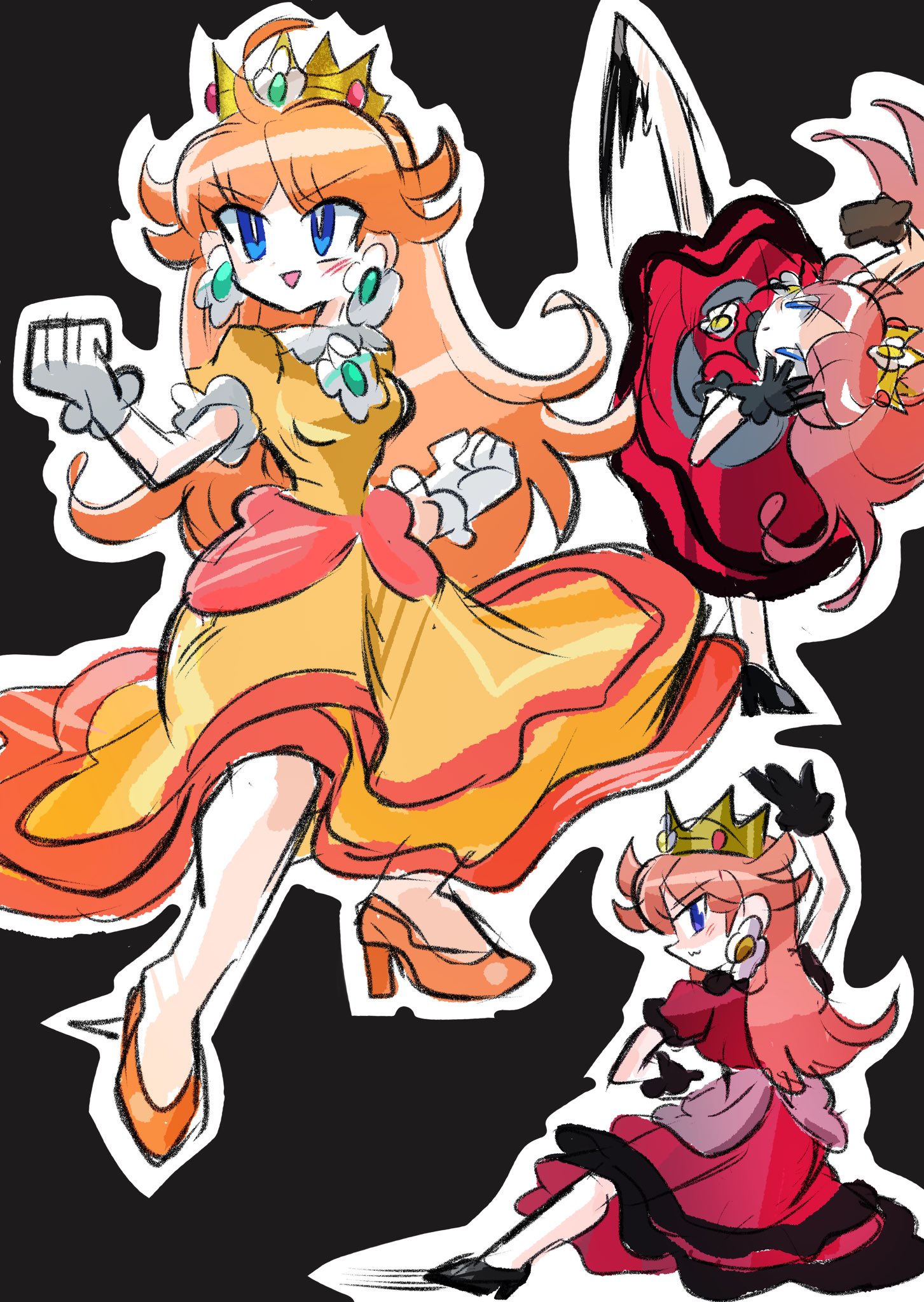 rakugaki shitagari-ya, princess daisy, mario (series), nintendo, super smash bros., commentary, highres, symbol-only commentary, 1girl, black background, black gloves, blue eyes, brown hair, crown, dress, earrings, gloves, jewelry, kicking, long hair, multiple views, orange dress, orange shoes, outline, red dress, shoes, simple background, white gloves, white outline