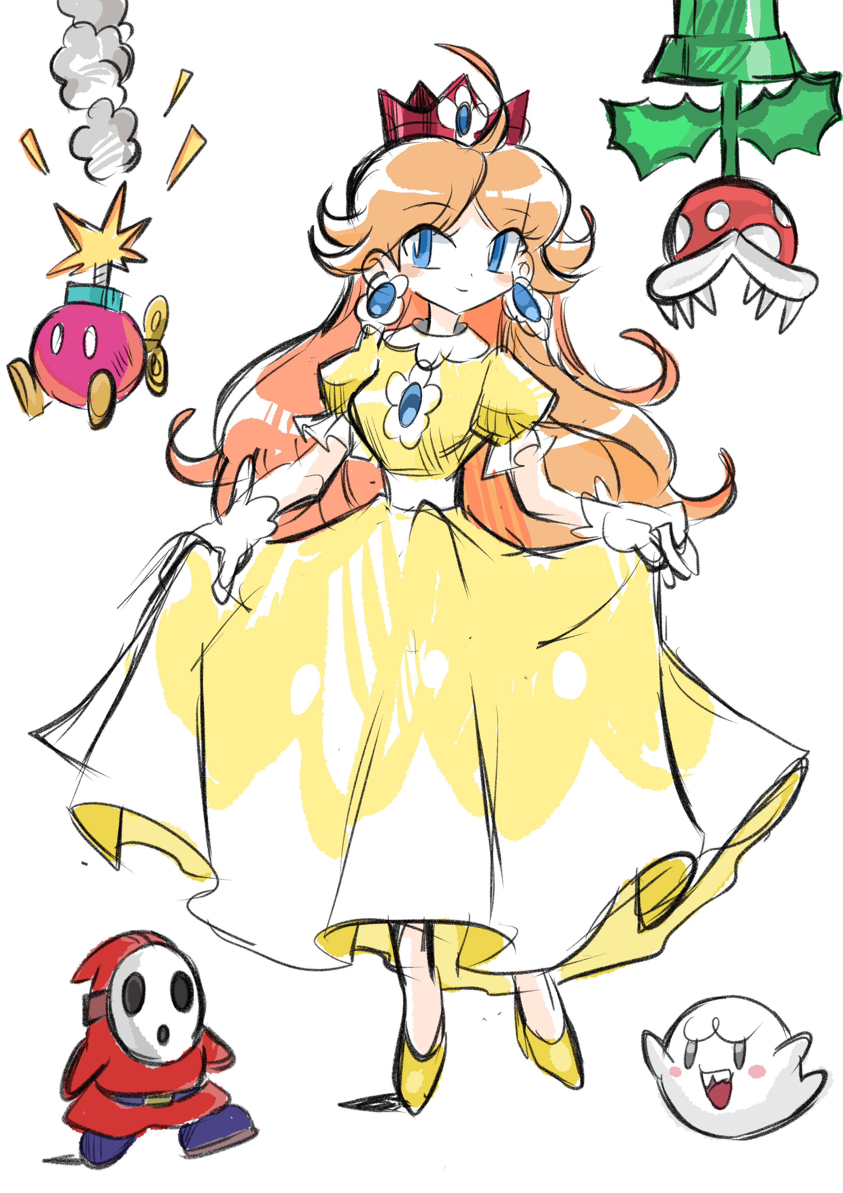 rakugaki shitagari-ya, bob-omb, boo (mario), piranha plant, princess daisy, shy guy, mario (series), nintendo, absurdres, highres, 1girl, blue eyes, brown hair, crown, dress, earrings, flower earrings, ghost, gloves, jewelry, long hair, shoes, simple background, smile, white background, white gloves, yellow dress, yellow shoes