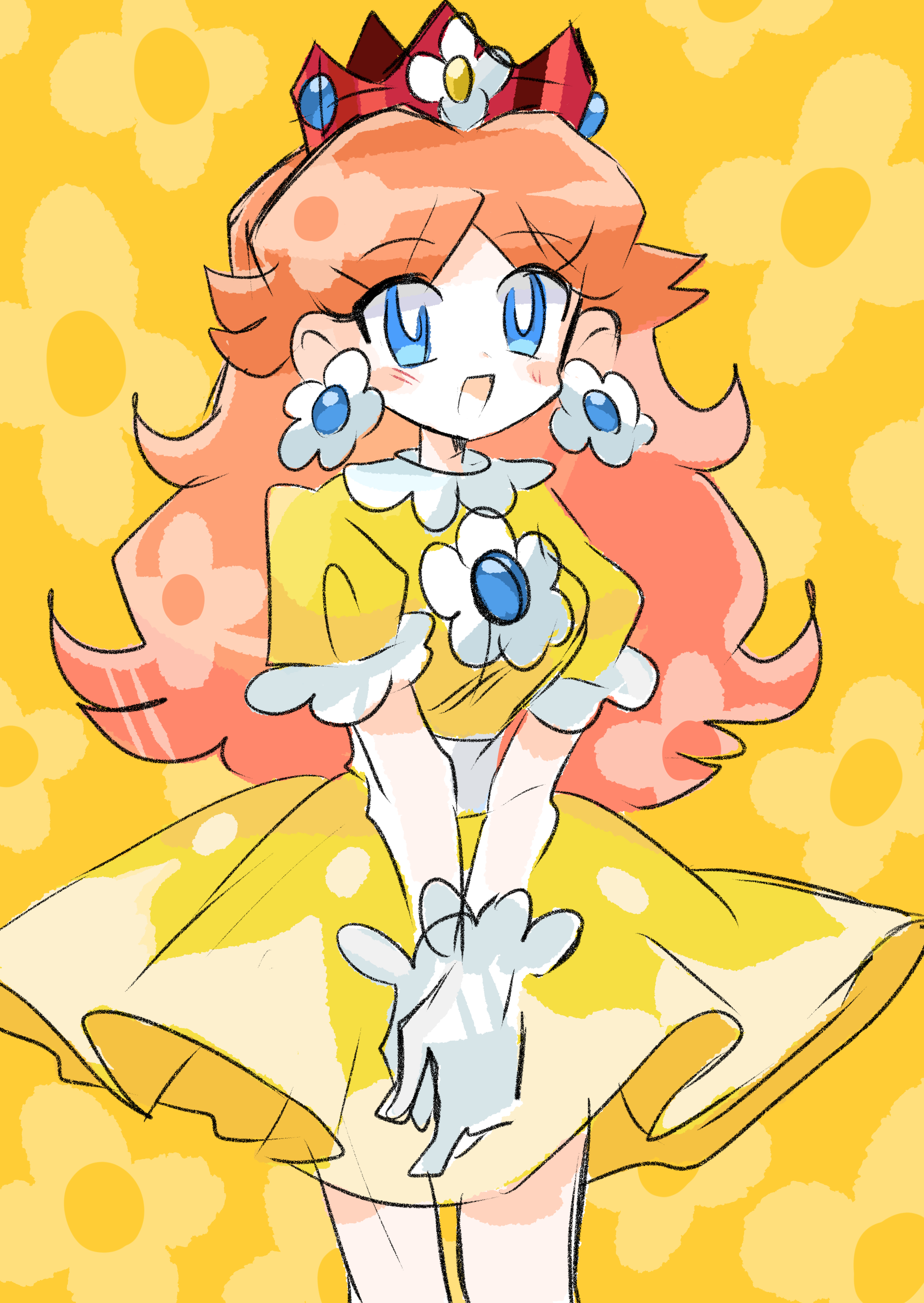 rakugaki shitagari-ya, princess daisy, mario (series), nintendo, absurdres, highres, 1girl, blue eyes, brown hair, dress, earrings, floral background, flower earrings, gloves, jewelry, long hair, open mouth, orange background, sketch, smile, white gloves, yellow dress