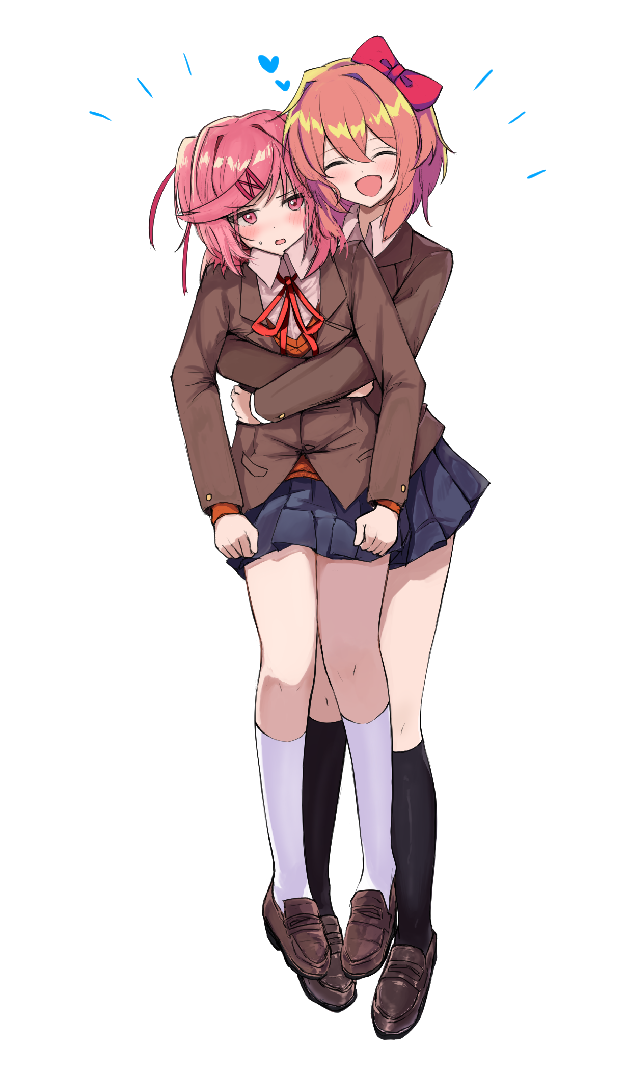 b4 (yonten), natsuki (doki doki literature club), sayori (doki doki literature club), doki doki literature club, commentary request, highres, partial commentary, 2girls, :d, ^ ^, blazer, blue skirt, blush, bow, brown jacket, brown shoes, closed eyes, collared shirt, couple, doki doki literature club school uniform, full body, hair bow, hair intakes, hair ribbon, happy, heads together, height difference, hug, hug from behind, jacket, kneehighs, knees, lapels, layered sleeves, long sleeves, miniskirt, multiple girls, neck ribbon, notched lapels, one side up, open mouth, orange hair, orange sweater vest, pink eyes, pink hair, pleated skirt, red bow, red ribbon, ribbon, school uniform, shirt, shoes, short hair, simple background, skirt, smile, socks, standing, sweater vest, white background, white shirt, white socks, yuri