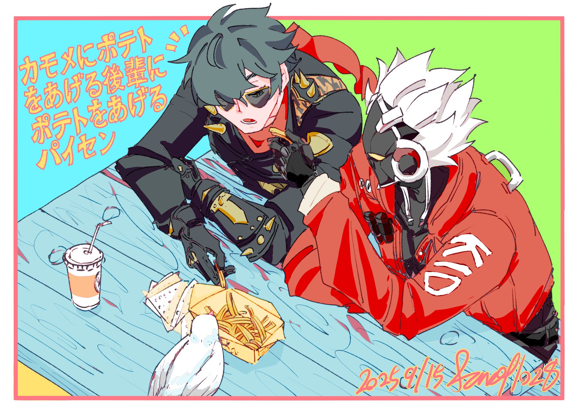 billy kid, lighter (zenless zone zero), zenless zone zero, commentary request, highres, translation request, 2boys, bird, black gloves, black jacket, blue background, clothed robot, dated, drink, drinking straw, fancylimitime, feeding, food, french fries, from above, gloves, green background, green eyes, green hair, hair over one eye, holding, holding food, humanoid robot, jacket, leather, leather jacket, looking at another, male focus, mechanical arms, mechanical hands, multiple boys, notice lines, open mouth, red jacket, red scarf, robot, robot boy, scarf, short hair, shoulder spikes, sitting, spiked jacket, spikes, studded gloves, sunglasses, table, two-tone background, white bird, white hair, yellow eyes