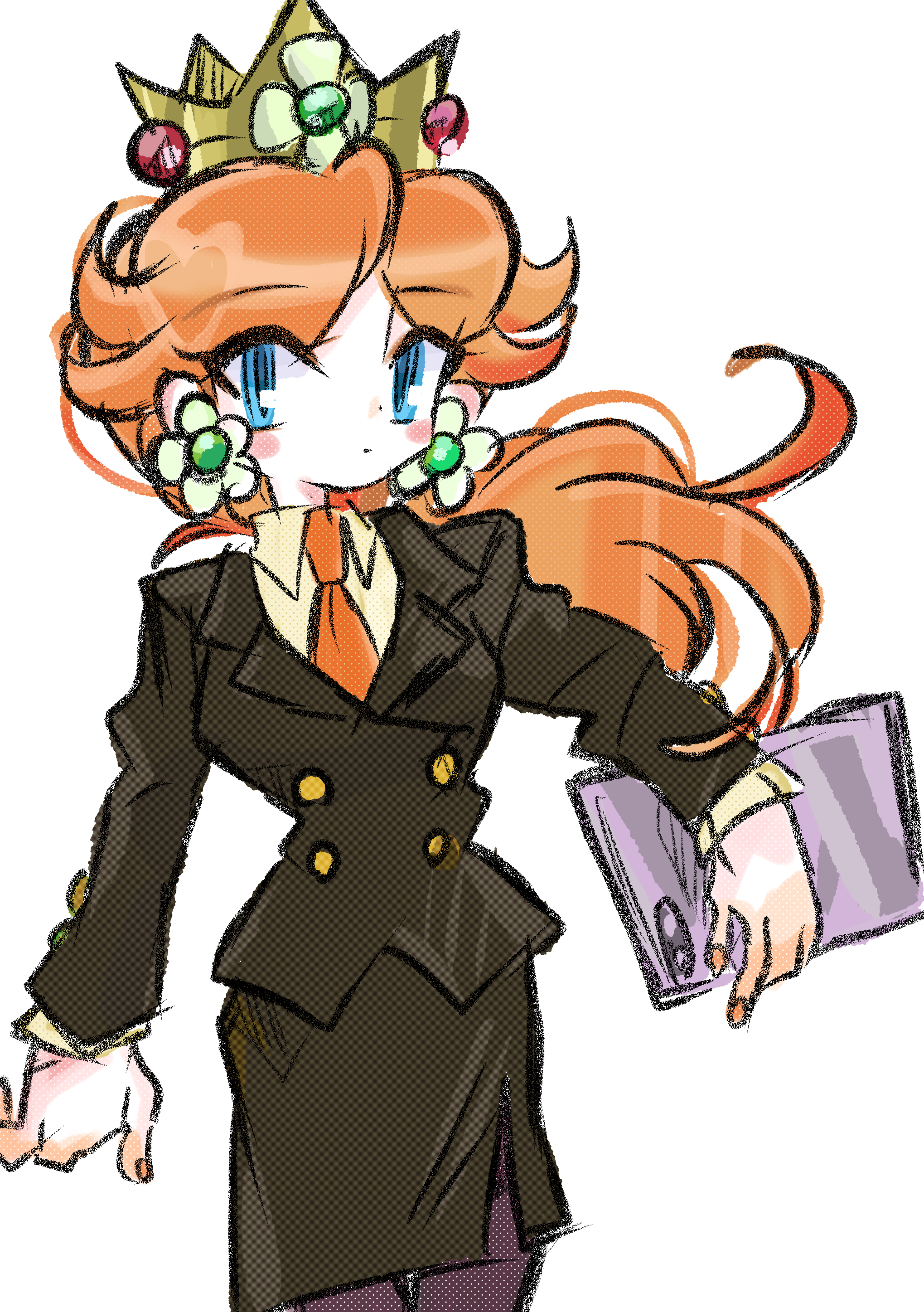 rakugaki shitagari-ya, princess daisy, mario (series), nintendo, absurdres, highres, 1girl, black jacket, black skirt, blue eyes, brown hair, crown, earrings, flower earrings, jacket, jewelry, long hair, looking at viewer, necktie, orange necktie, pencil skirt, simple background, skirt, white background
