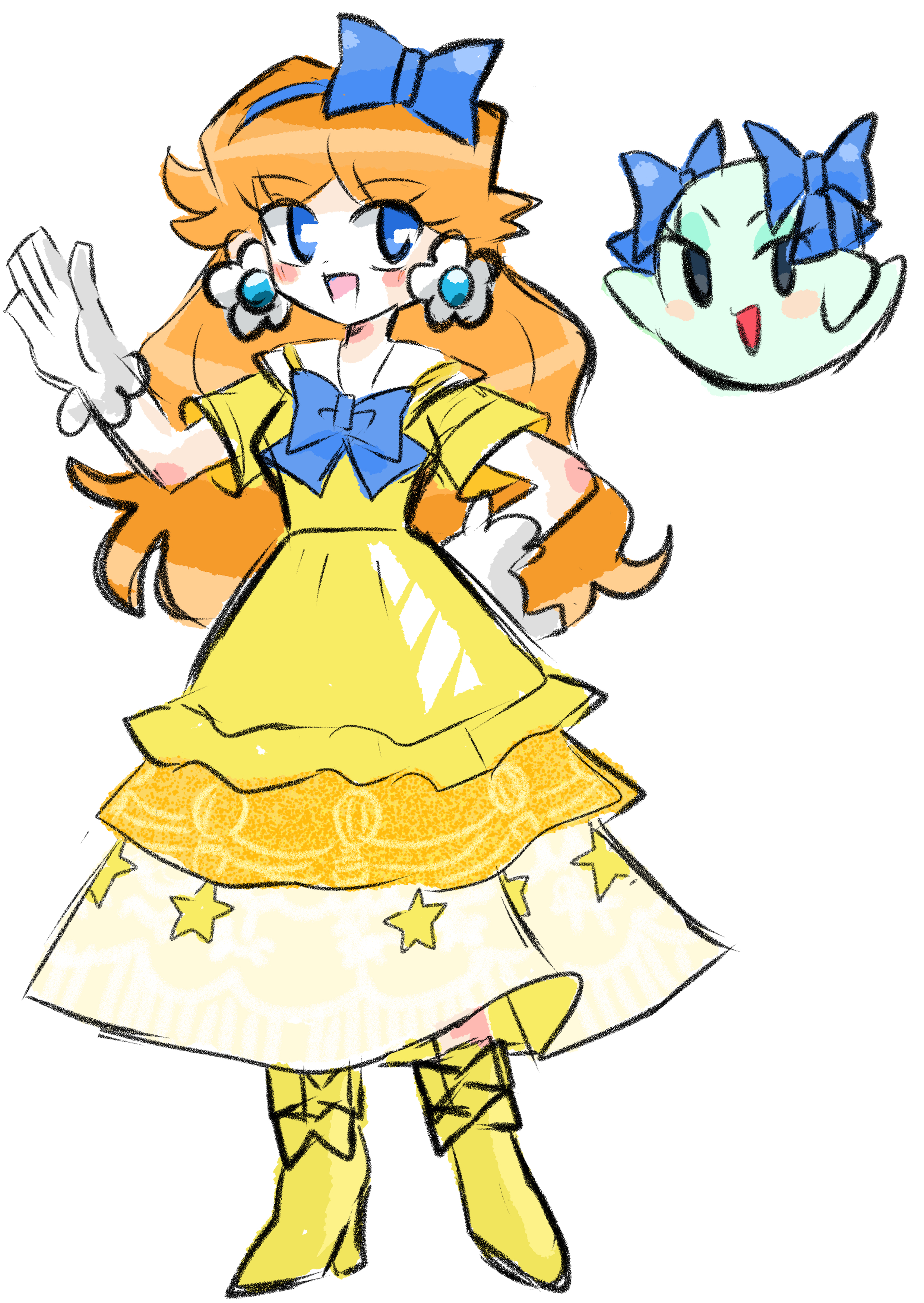 rakugaki shitagari-ya, bow (paper mario), princess daisy, mario (series), nintendo, paper mario, paper mario 64, absurdres, highres, 2girls, blue bow, bow, brown hair, dress, earrings, flower earrings, ghost, gloves, hair bow, hand on own hip, jewelry, long hair, multiple girls, orange dress, shoes, simple background, waving, white background, white gloves, yellow shoes
