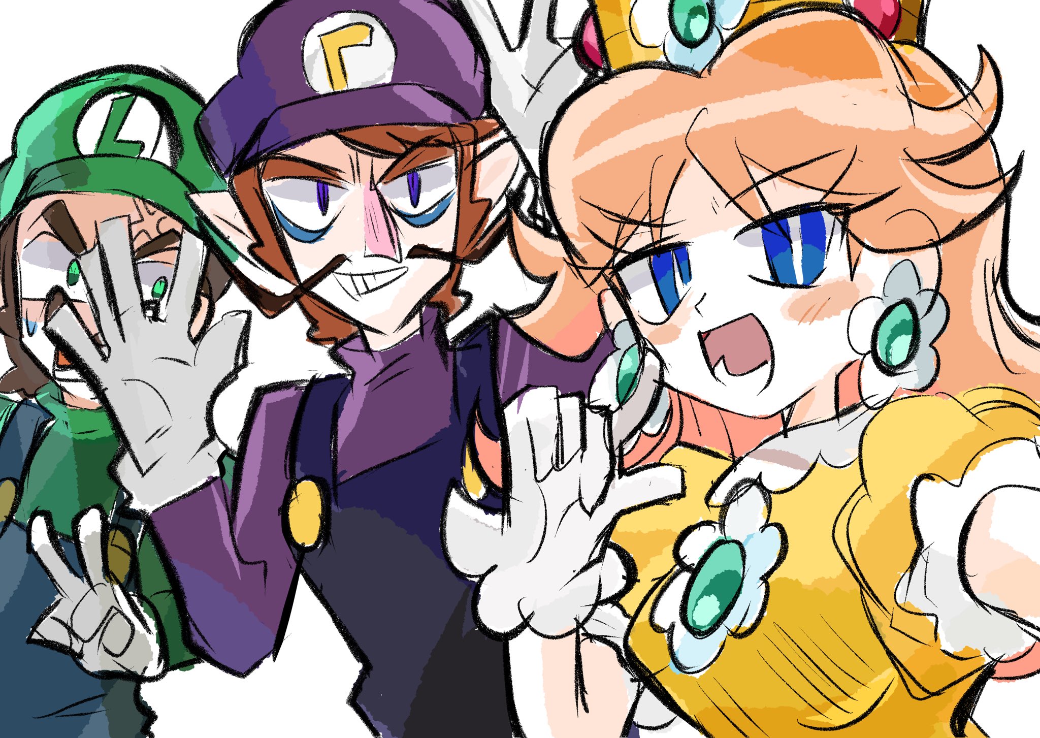rakugaki shitagari-ya, luigi, princess daisy, waluigi, mario (series), nintendo, commentary, highres, symbol-only commentary, 1girl, 2boys, anger vein, black overalls, blue eyes, blue overalls, brown hair, crown, dress, earrings, facial hair, flower earrings, gloves, green hat, green shirt, hat, jewelry, long hair, multiple boys, mustache, orange dress, overalls, purple hat, purple shirt, shirt, sketch, white background, white gloves