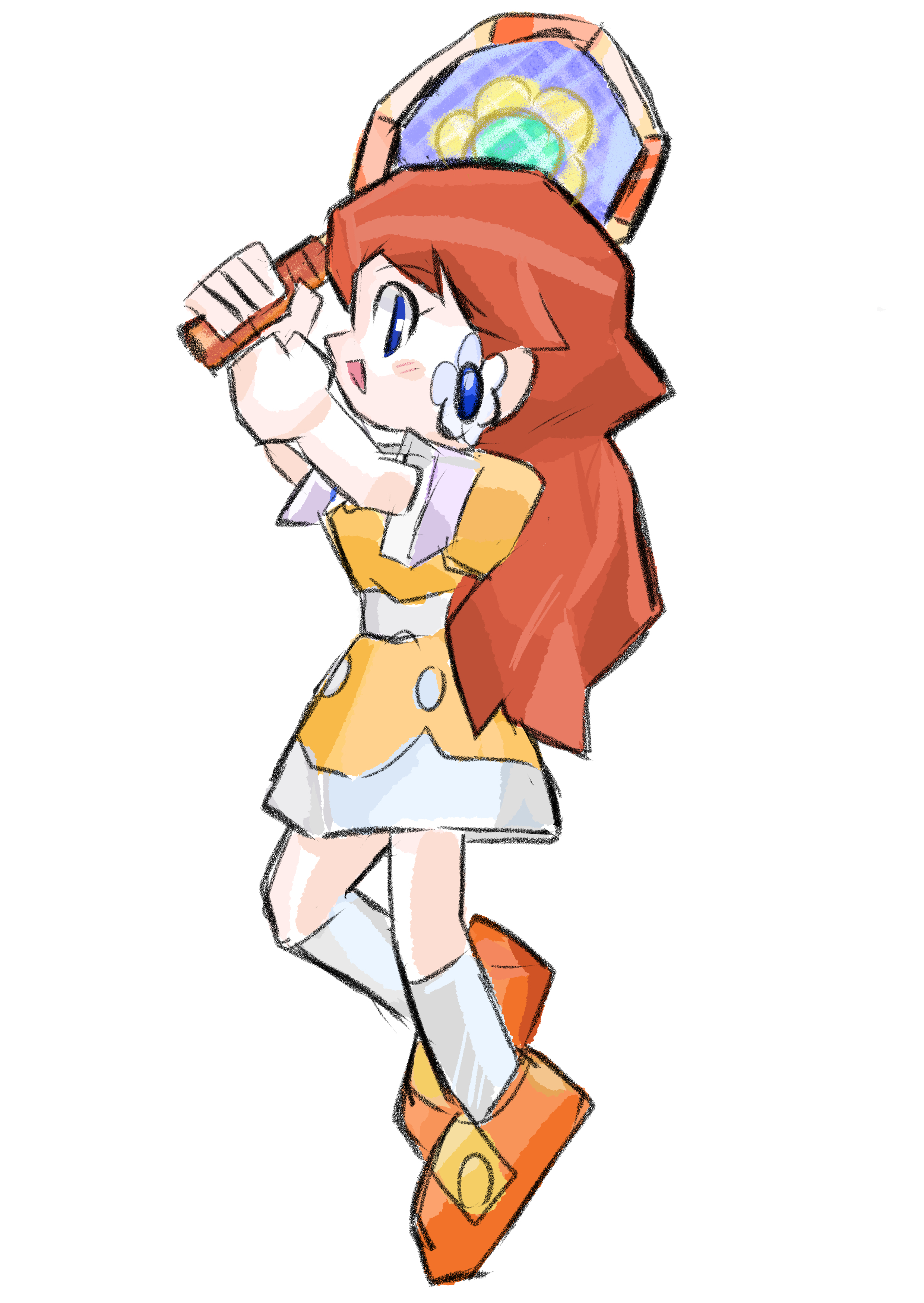 rakugaki shitagari-ya, princess daisy, mario (series), mario tennis, mario tennis (nintendo 64), nintendo, absurdres, highres, 1girl, brown hair, dress, earrings, flower earrings, jewelry, long hair, open mouth, orange shoes, racket, shoes, simple background, smile, tennis racket, two-tone dress, white background, yellow dress