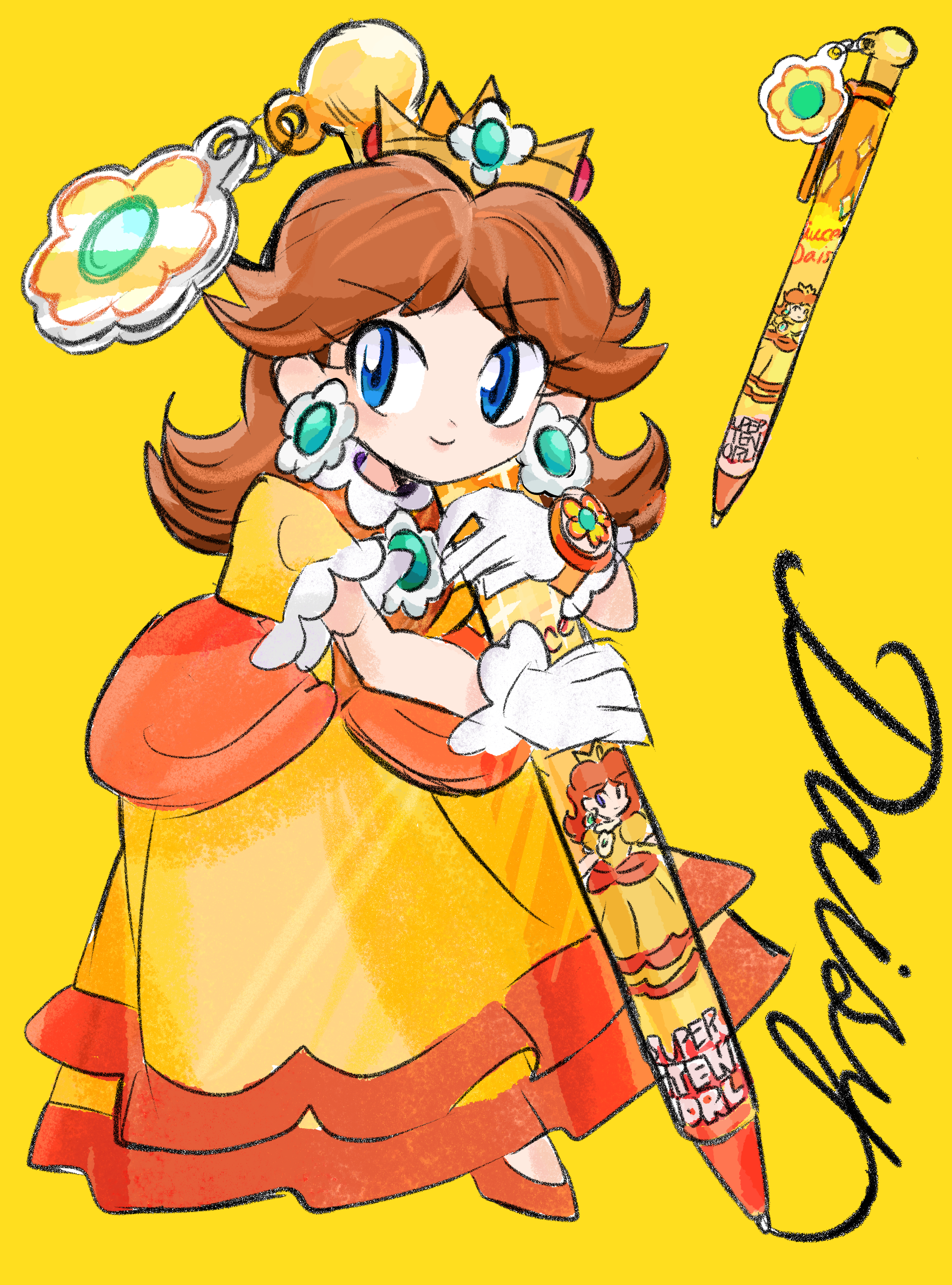 rakugaki shitagari-ya, princess daisy, mario (series), nintendo, absurdres, highres, 1girl, brown hair, crown, dress, earrings, flower earrings, gloves, jewelry, long hair, orange background, orange dress, orange shoes, pen, puffy short sleeves, puffy sleeves, shoes, short sleeves, simple background, smile, white gloves