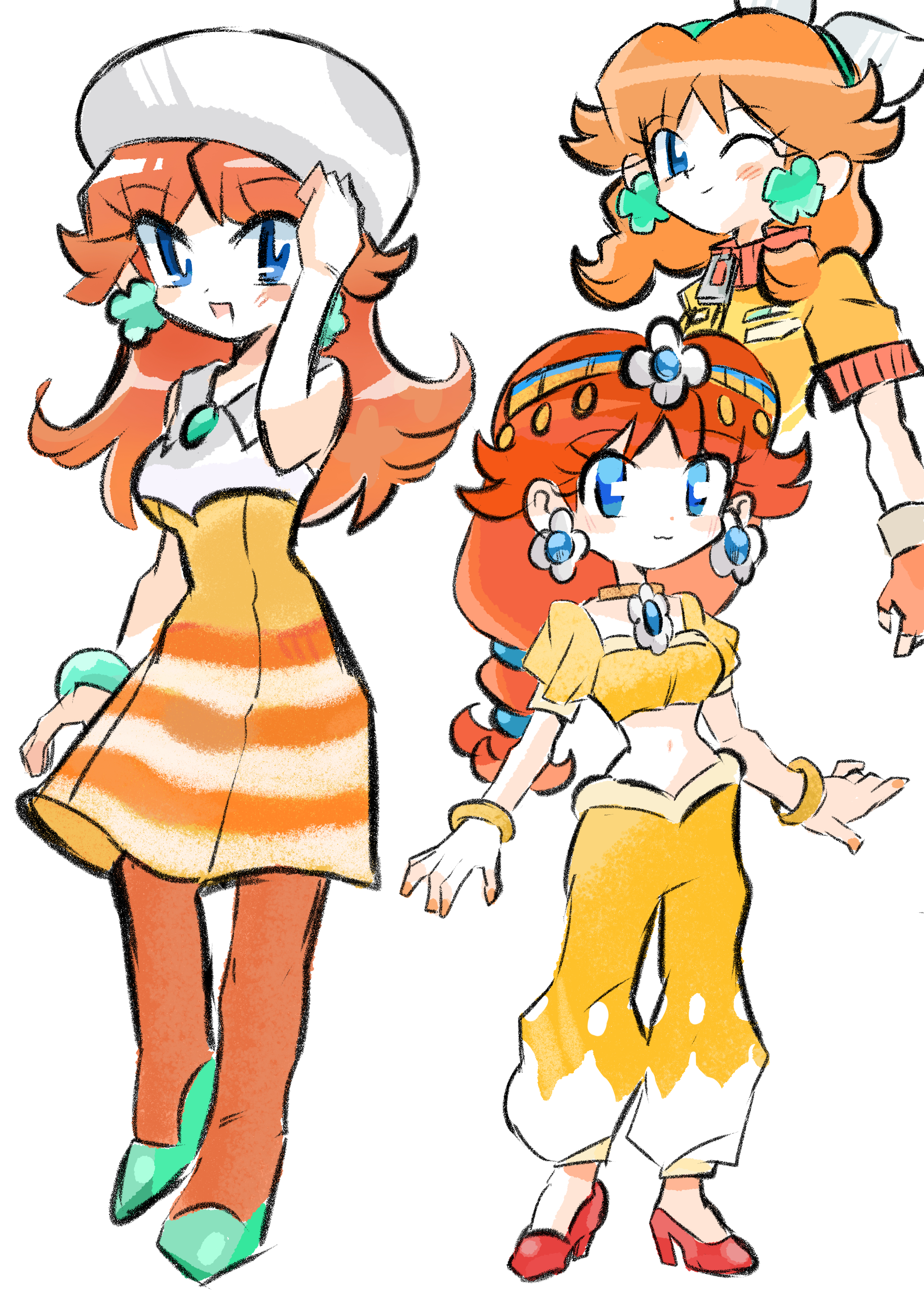 rakugaki shitagari-ya, princess daisy, princess daisy (oasis), princess daisy (touring), mario (series), mario kart, mario kart world, nintendo, absurdres, highres, 1girl, arabian clothes, blue eyes, brown hair, dress, earrings, fingerless gloves, flower earrings, gloves, hair ornament, harem pants, hat, jacket, jewelry, long hair, multiple views, open mouth, orange dress, orange gloves, orange jacket, pants, princess daisy (vacation), simple background, smile, white background, white hat