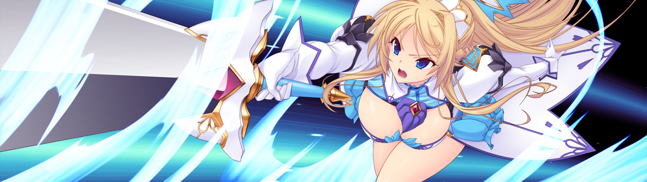 saitou natsuki, suhamaya, kourin tenshi en ciel rena, game cg, large variant set, non-web source, official art, variant set, 1girl, armor, attack, blonde hair, blue eyes, braid, breasts, cleavage, erika la etienne, gloves, holding, holding sword, holding weapon, large breasts, long hair, magical girl, open mouth, ponytail, slashing, solo, sword, weapon, white gloves