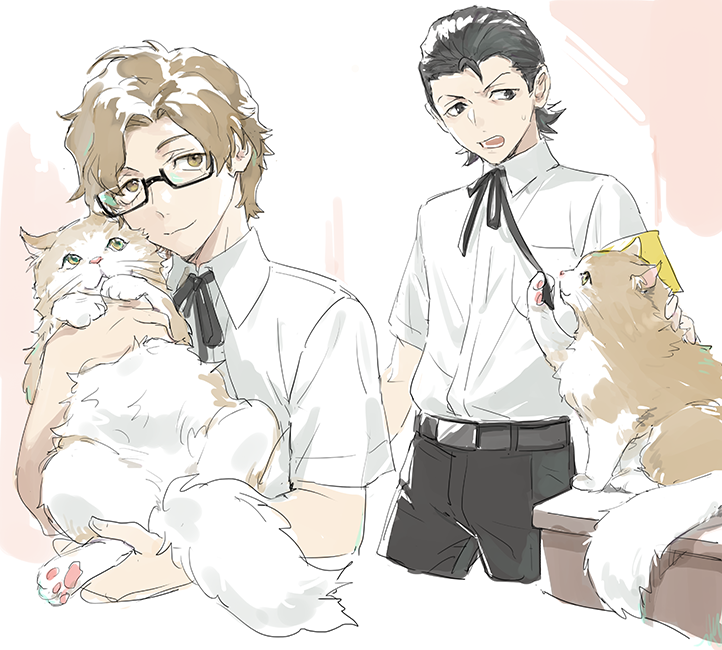 isa (peien516), hiraga keisuke, odagiri hidetoshi, persona, persona 3, 2boys, animal, armband, belt, belt buckle, black-framed eyewear, black belt, black hair, black pants, black ribbon, brown eyes, brown hair, buckle, cat, closed mouth, collared shirt, cropped legs, gekkoukan high school uniform, glasses, hair slicked back, holding, holding animal, holding cat, male focus, multiple boys, neck ribbon, pants, petting, ribbon, school uniform, semi-rimless eyewear, shirt, short hair, short sleeves, smile, white shirt, wing collar, yellow armband