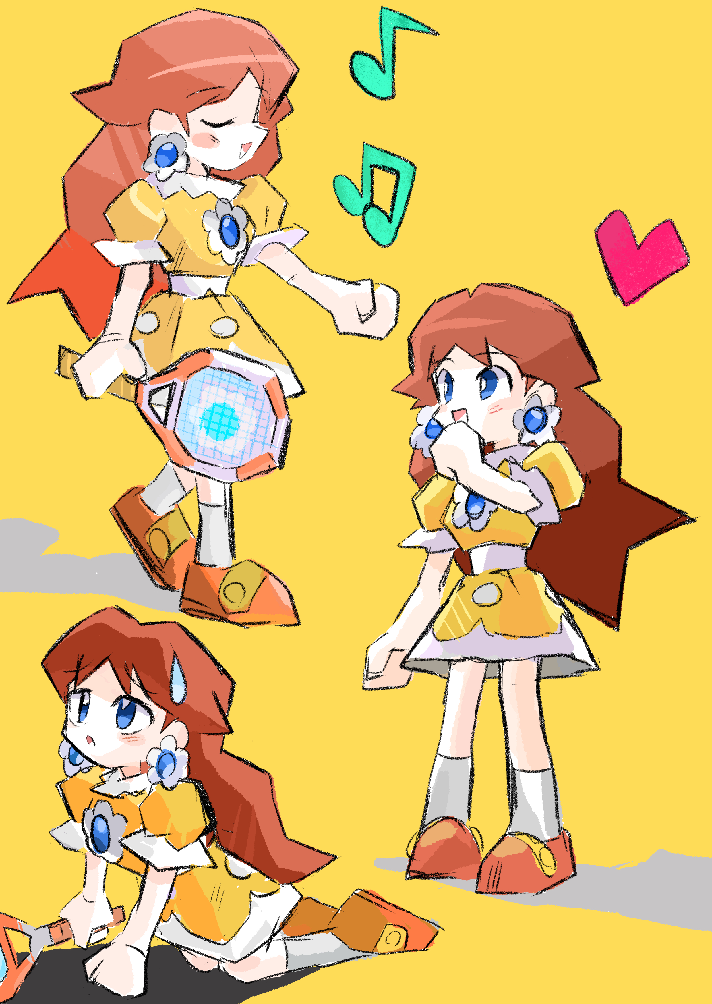 rakugaki shitagari-ya, princess daisy, mario (series), mario tennis, mario tennis (nintendo 64), nintendo, absurdres, highres, 1girl, brown hair, closed eyes, dress, earrings, flower earrings, heart, jewelry, multiple views, musical note, open mouth, orange background, orange shoes, racket, shoes, simple background, smile, socks, sweatdrop, tennis racket, white socks, yellow dress