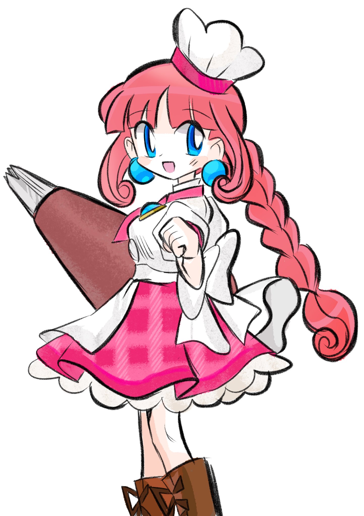 rakugaki shitagari-ya, patissiere peach, princess peach, princess shokora, mario (series), nintendo, princess peach: showtime!, wario land, wario land 4, highres, apron, blue eyes, braid, braided ponytail, chef hat, earrings, hat, holding, holding pastry bag, jewelry, long hair, open mouth, pastry bag, pink skirt, simple background, skirt, smile, white apron, white background