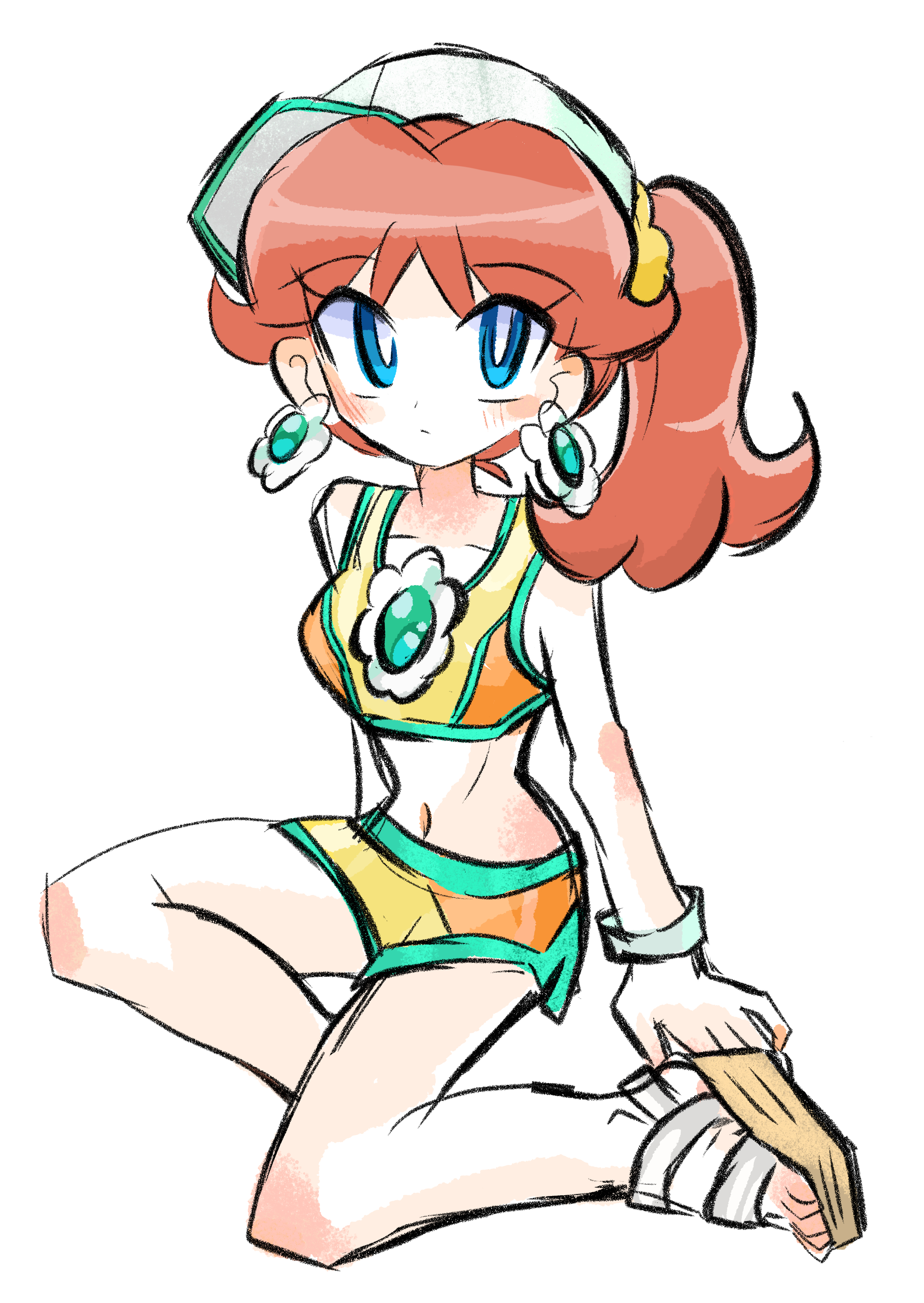 rakugaki shitagari-ya, princess daisy, mario (series), mario kart, mario kart world, nintendo, absurdres, highres, 1girl, blue eyes, brown hair, crop top, earrings, flower earrings, hat, jewelry, long hair, looking at viewer, midriff, sandals, shorts, side ponytail, simple background, sitting, two-tone shorts, white background