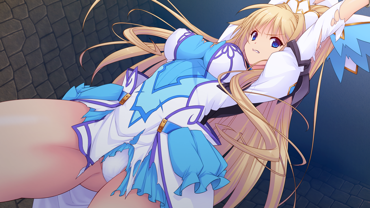 saitou natsuki, suhamaya, kourin tenshi en ciel rena, game cg, large variant set, non-web source, official art, variant set, 1girl, angry, arms up, blonde hair, blue dress, blue eyes, breasts, brick wall, clenched teeth, cowboy shot, dress, dutch angle, erika la etienne, gluteal fold, hair intakes, high ponytail, impossible clothes, large breasts, legs apart, long hair, long sleeves, looking at viewer, magical girl, panties, pantyshot, ponytail, puffy sleeves, restrained, scowl, short dress, skirt, solo, standing, teeth, thighs, torn clothes, torn dress, underwear, v-shaped eyebrows, very long hair, white panties