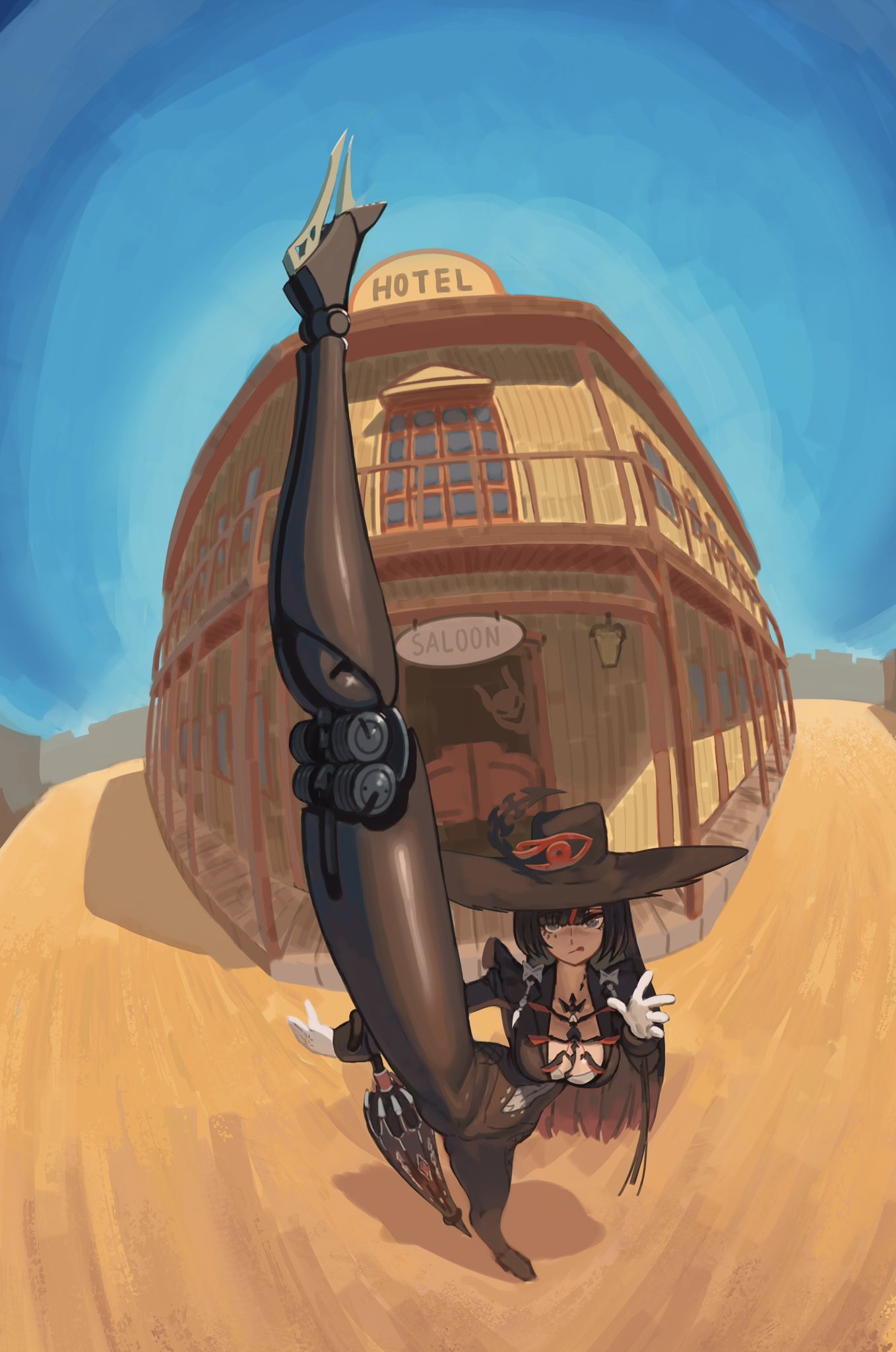 bbbrush, lilith: daemonissa (pgr), lilith (pgr), punishing: gray raven, highres, mixed-language commentary, 1girl, 2025, belt pouch, black bodysuit, black hair, black hat, bodysuit, breasts, building, card, cleavage cutout, clothing cutout, cowboy shot, curtained hair, desert, female focus, fisheye, flexible, foreshortening, gloves, grey eyes, hair between eyes, hand up, hat, holding, holding card, incoming kick, joints, kicking, large breasts, leg up, legs apart, long hair, looking at viewer, mark under eye, mechanical legs, multicolored hair, official alternate costume, open mouth, perspective, pouch, puffy sleeves, red hair, robot joints, saloon, sleeve cuffs, smile, solo, standing, standing on one leg, streaked hair, tongue, tongue out, town, two-tone hair, two-tone hat, very long hair, white gloves, witch