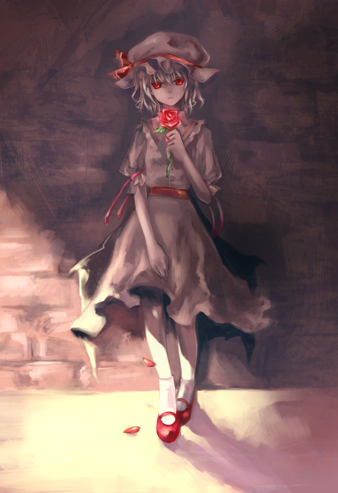 fori, remilia scarlet, touhou, bad id, bad pixiv id, 1girl, blonde hair, dress, female focus, flower, full body, hat, petals, red eyes, short hair, solo