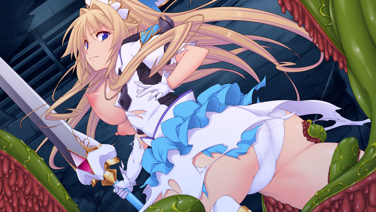 saitou natsuki, suhamaya, kourin tenshi en ciel rena, game cg, large variant set, non-web source, official art, variant set, 1girl, ass, blonde hair, blue eyes, braid, breasts, breasts out, dress, dutch angle, erika la etienne, floating hair, frills, frown, glaring, gloves, hair intakes, holding, holding sword, holding weapon, imminent rape, large breasts, long hair, looking at viewer, looking back, magical girl, maid headdress, nipples, panties, puffy nipples, puffy sleeves, scowl, short sleeves, skirt, slime (substance), solo, sword, tentacles, torn clothes, torn dress, underwear, very long hair, weapon, white dress, white gloves, white panties