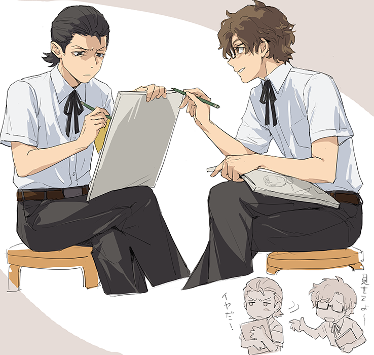 isa (peien516), hiraga keisuke, odagiri hidetoshi, persona, persona 3, 2boys, armband, belt, belt buckle, black-framed eyewear, black hair, black pants, black ribbon, brown belt, brown eyes, brown hair, buckle, chibi, chibi inset, closed mouth, collared shirt, crossed legs, drawing (action), embarrassed, gekkoukan high school uniform, glasses, hair slicked back, looking at another, male focus, multiple boys, neck ribbon, on stool, pants, ribbon, school uniform, semi-rimless eyewear, shirt, short hair, short sleeves, sitting, smile, white shirt, wing collar, yellow armband